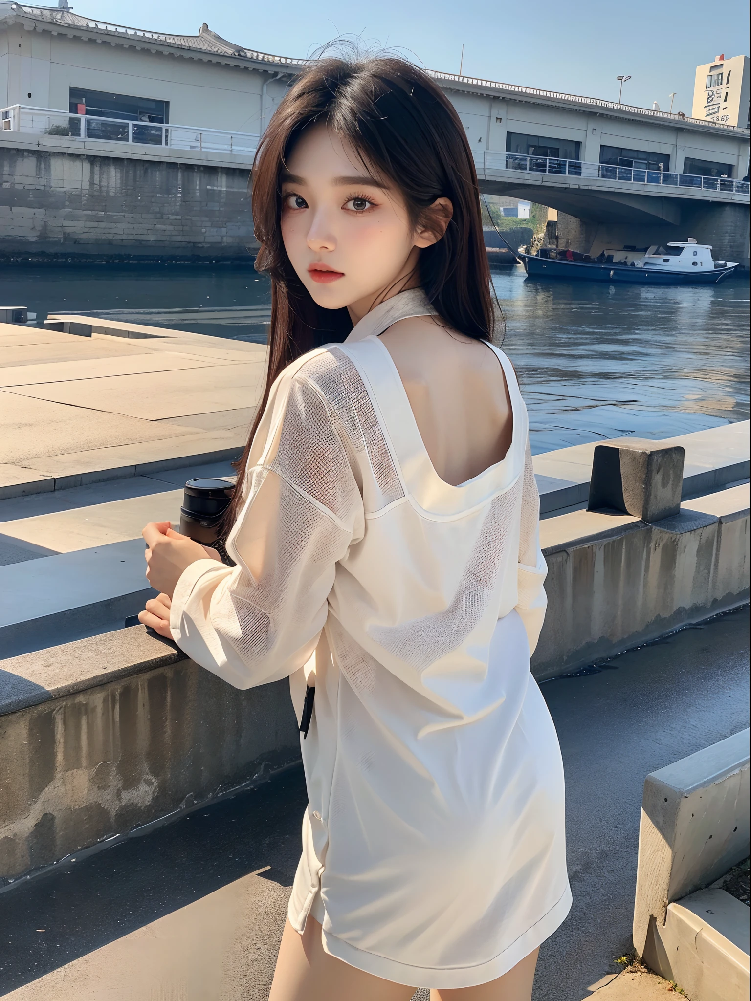 masterpiece、top-quality)、1 beutiful girl、Slim body、((Black and white plain clothes:1.1))、(Detailed beautiful eyes)、In the Han River、A face that looks like Chaewon、((Boyish Brown Medium Hair))、((Smaller face))、((Neutral face))、((Light brown eyes))、((Korean Girl))、((18year old))、((cool lady))、((Embarrassed expression))、((Korean Makeup))、((elongated and sharp eyes))、((Happy dating))、((boyish))、((She is walking in front of the viewer))、((Looking at the sky))、((Looking Up))、((shot from back))