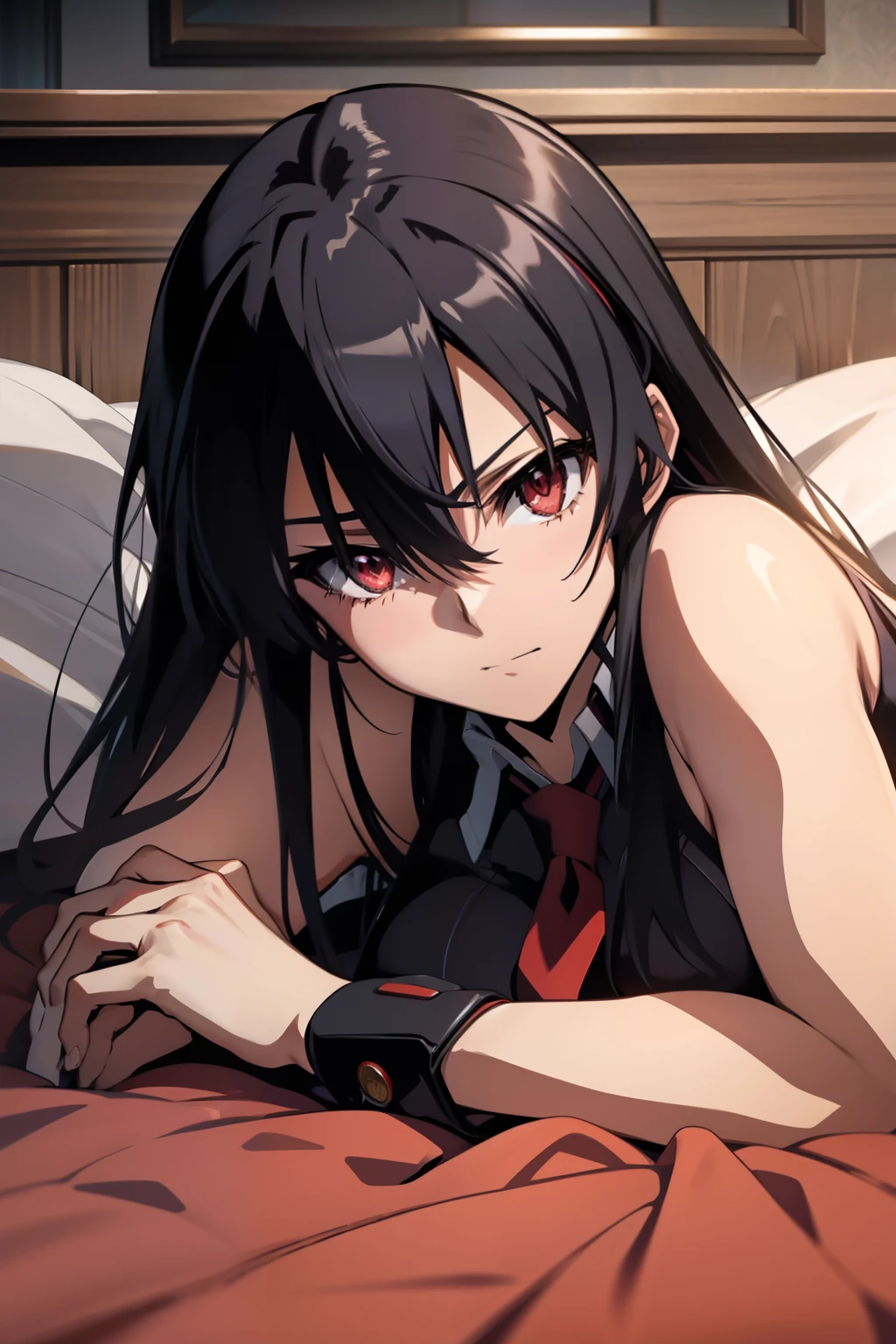 Akame (akame ga kill), cuddling with the viewer, laying on the bed, lingeries