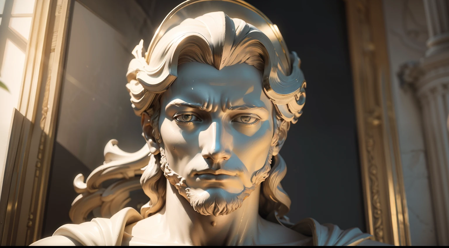 a closeup of a statue of a man with a helmet in, uma imagem raytraced inspirada em Gian Lorenzo Bernini, trending on ArtStation, Neoclassicismo, escultura realista de 8k bernini, classicismo artstyle, master part. renderizado no liquidificador, baroque vaporwave statue, deus grego, cinematic close-up, renderizado em corona