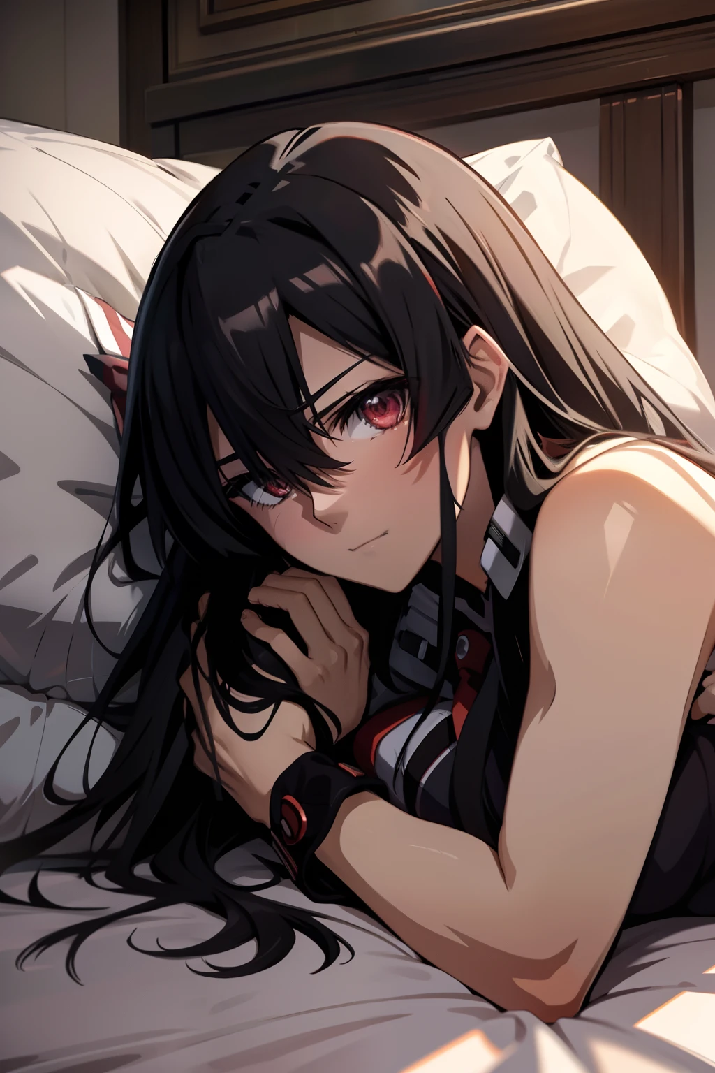 Akame (akame ga kill), cuddling with the viewer, laying on the bed, lingeries