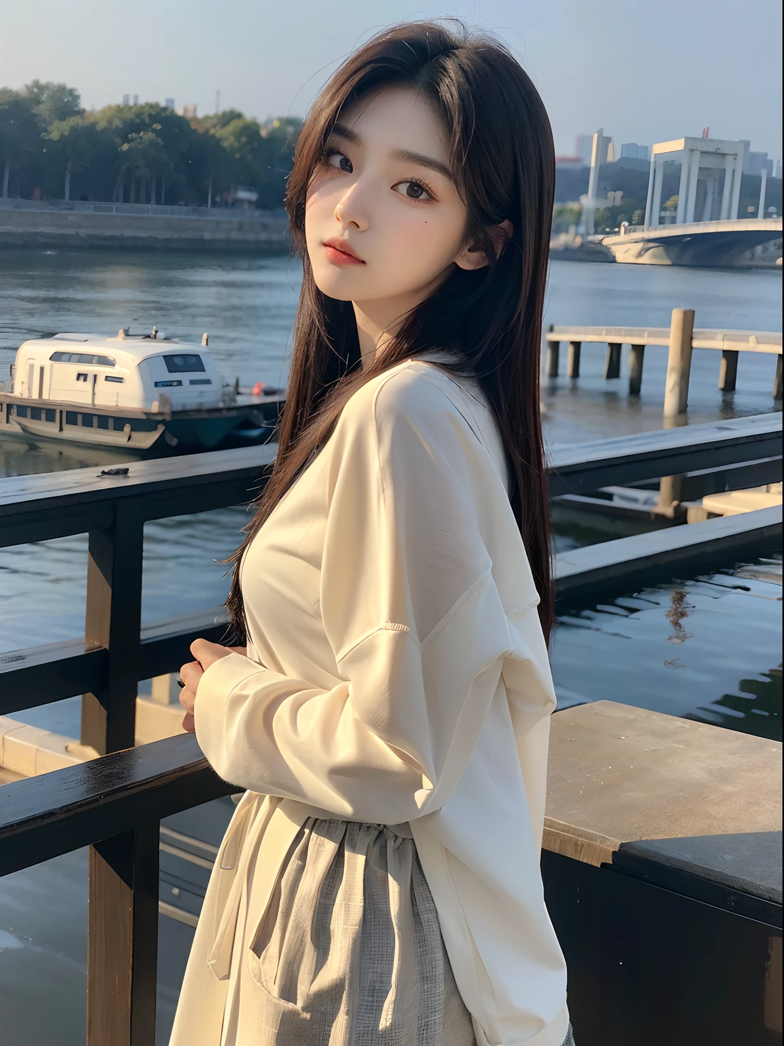 ​masterpiece、top-quality)、1 beutiful girl、Slim body、((Black and white plain clothes:1.1))、(Detailed beautiful eyes)、In the Han River、A face that looks like Chaewon、((Boyish Brown Medium Hair))、((Smaller face))、((Neutral face))、((Light brown eyes))、((Korean Girl))、((18year old))、((cool lady))、((Embarrassed expression))、((Korean Makeup))、((elongated and sharp eyes))、((Happy dating))、((boyish))、((She is walking in front of the viewer))、((Looking at the sky))、((Looking Up))、((shot from back))