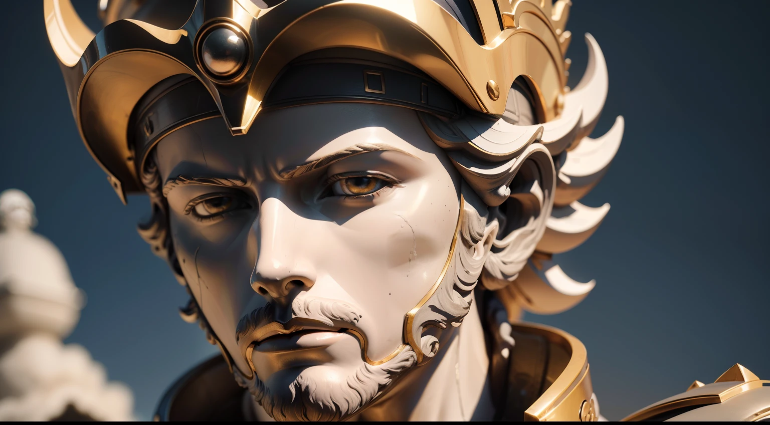 a closeup of a statue of a man with a helmet in, uma imagem raytraced inspirada em Gian Lorenzo Bernini, trending on ArtStation, Neoclassicismo, escultura realista de 8k bernini, classicismo artstyle, master part. renderizado no liquidificador, baroque vaporwave statue, deus grego, cinematic close-up, renderizado em corona