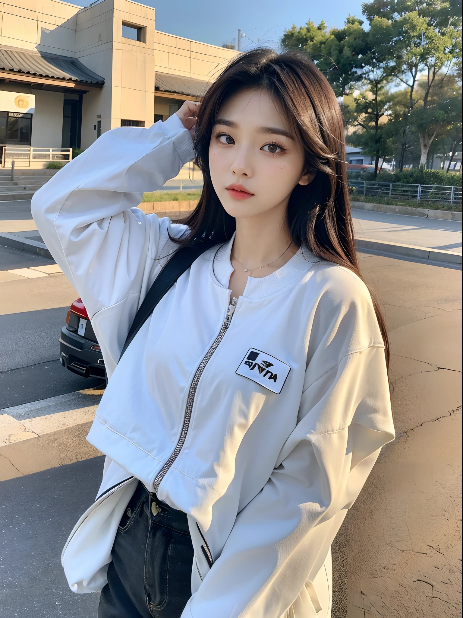 masterpiece、top-quality)、1 beutiful girl、Slim body、((Black and white plain clothes:1.1))、(Detailed beautiful eyes)、In the Han River、A face that looks like Chaewon、((Boyish Brown Medium Hair))、((Smaller face))、((Neutral face))、((Light brown eyes))、((Korean Girl))、((18year old))、((cool lady))、((Embarrassed expression))、((Korean Makeup))、((elongated and sharp eyes))、((Happy dating))、((boyish))、((She is walking in front of the viewer))、((Looking at the sky))、((Looking Up))、((shot from back))