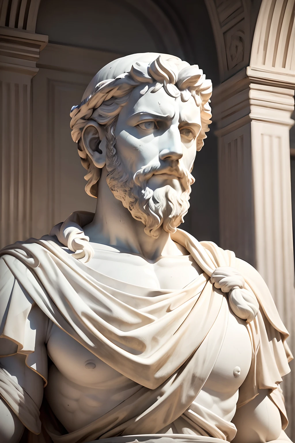 A realistic Greek white marble statue of Marcus Aurelius thoughtful detailed wearing a ghostly toga, fundo neutro, Moody, , fotorrealista, thoughtful movie dinner, super detalhada, hiper realista, luzes brilhantes, 8 K