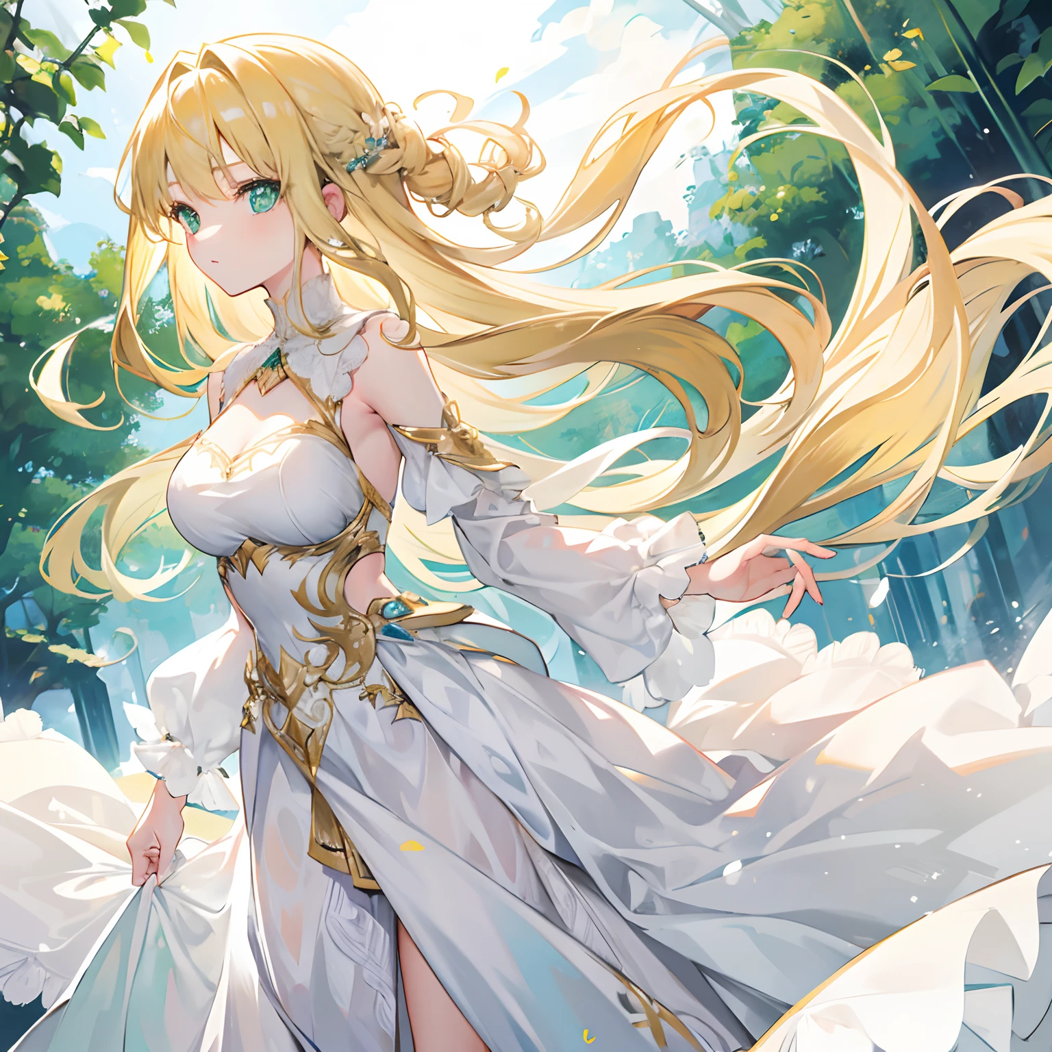 1 girl,long blonde,green eyes,wearing a long white flowing majestic gown