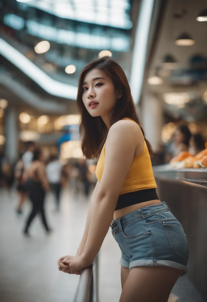 15 years old girl, Korean girl wearing sport shorts, crop top, big breast, shopping centre, crowded people, butt pose, bokeh, realistic lighting, realistic photo, cinematic color grading, 8k high quality photo, ultra high quality