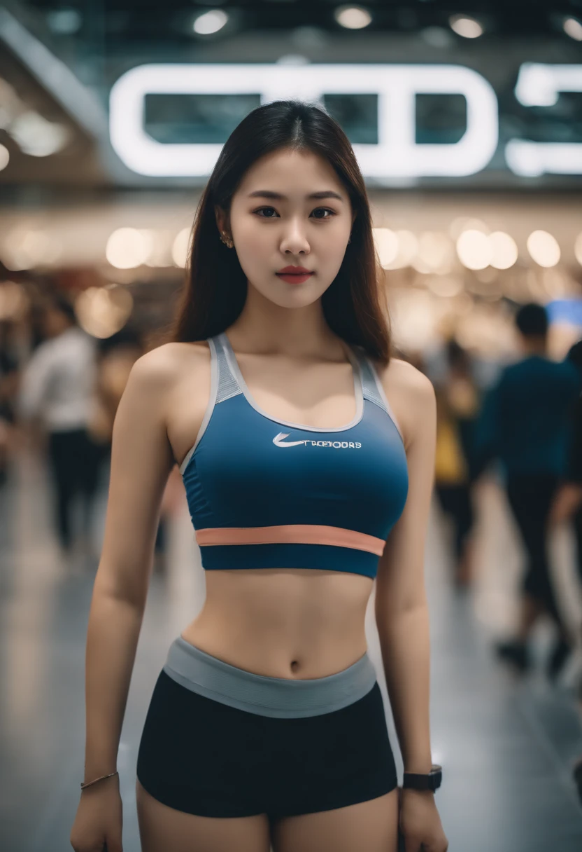 15 years old girl, Korean  girl wearing sport shorts, crop top, big breast, shopping centre, crowded people, butt pose, bokeh, realistic lighting, realistic photo, cinematic color grading, 8k high quality photo, ultra high quality