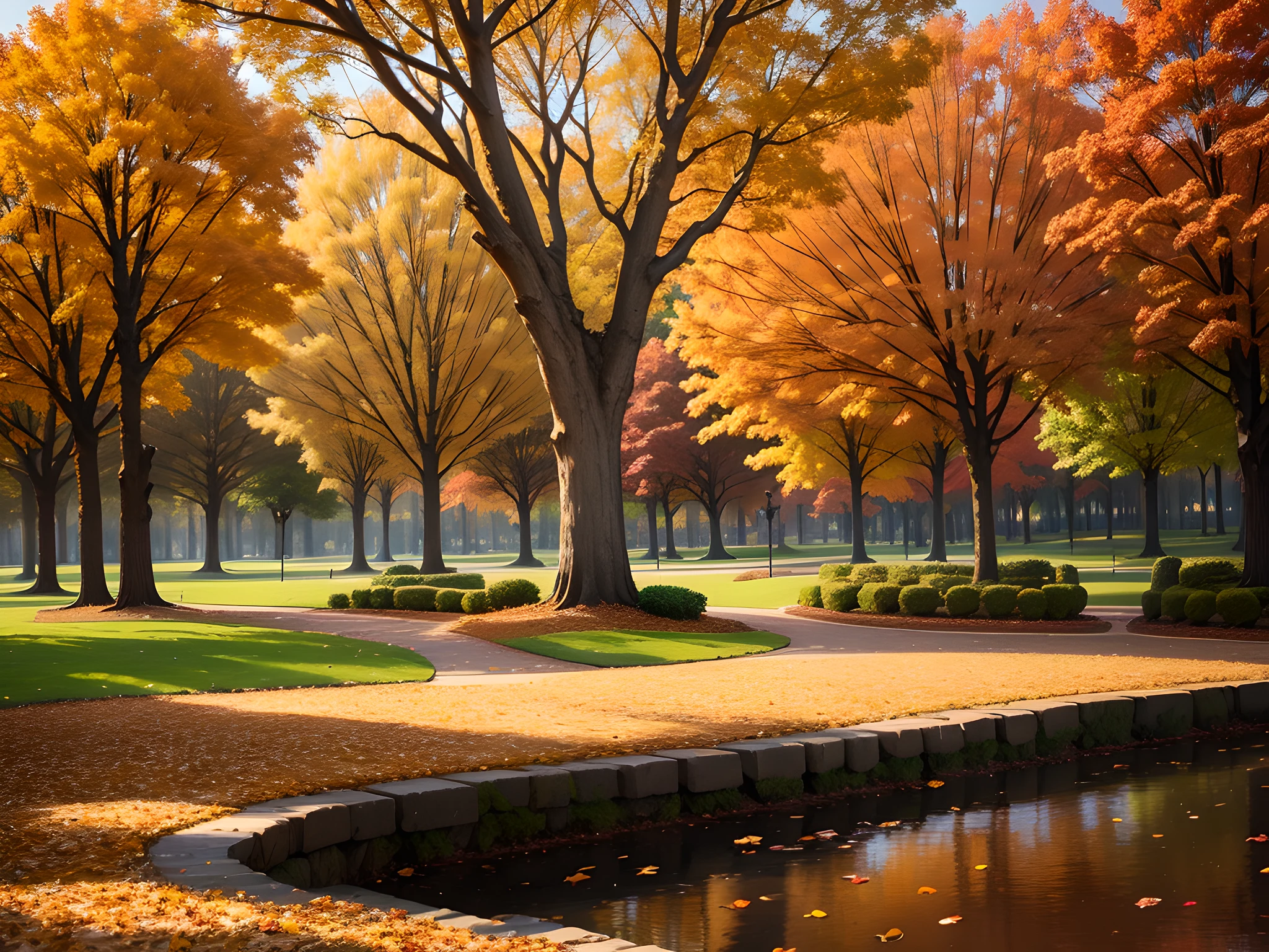 autumn park with warm tone, leaves flying, landscape, UHD, best quality, masterpiece, award winning