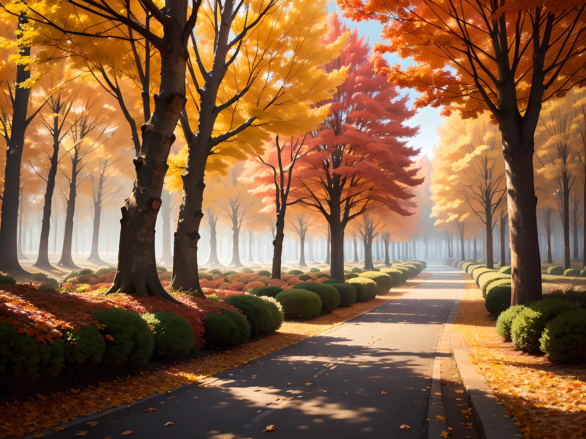 autumn park with warm tone, leaves flying, landscape, UHD, best quality, masterpiece, award winning