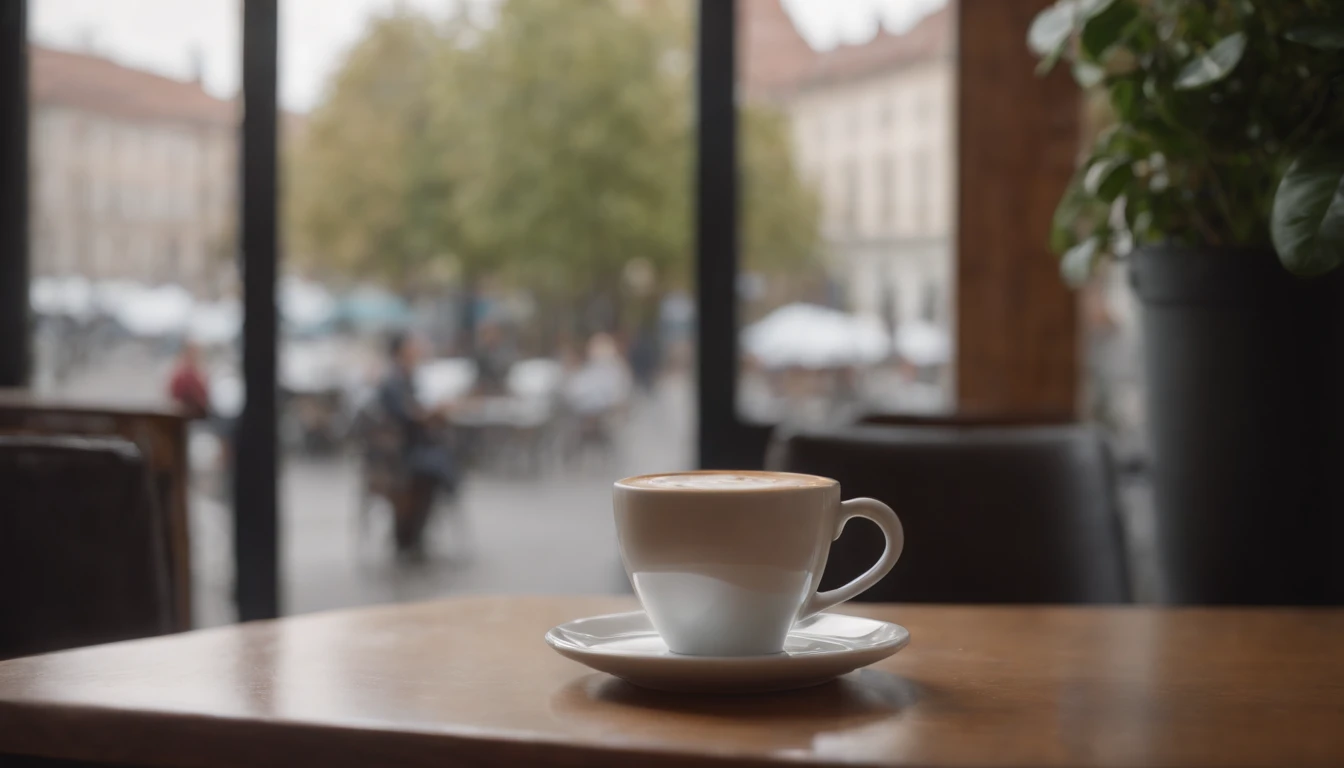 um senhor bonito, sitting alone in a cafe, enjoying a cup of coffee, olhar misterioso, ambiente aconchegante, Kawacy, visual realista em 4K.