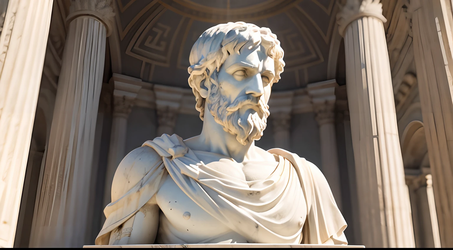 A realistic Greek white marble statue of aristotle brave scary detailed wearing a ghostly toga, fundo neutro, Moody, , fotorrealista, Jantar de filme assustador, super detalhada, Hiper realista, luzes brilhantes, 8 mil