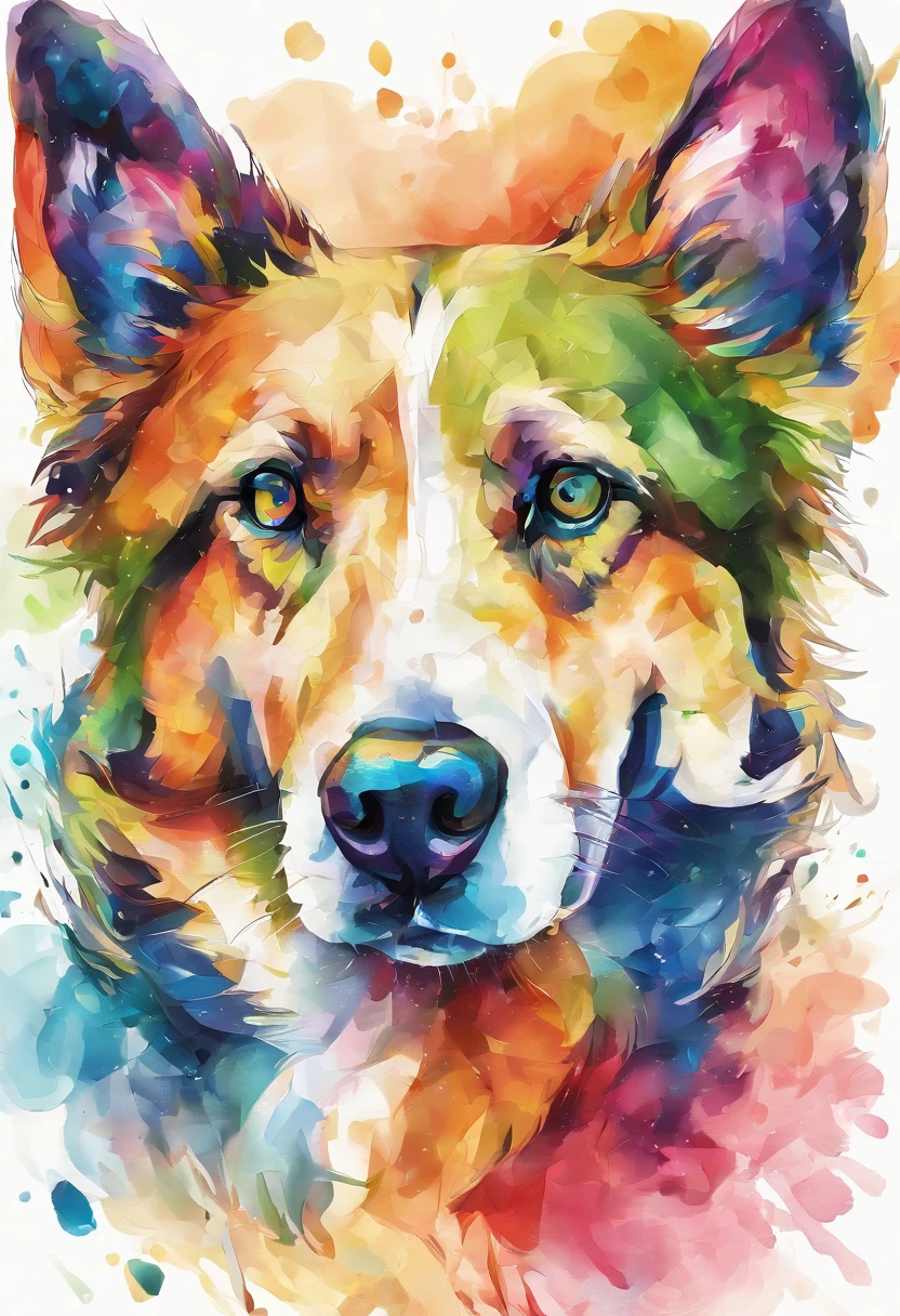 3d aquarela abstrata,fundo escuro,high resolution,alta qualidade,colorido,verde,vermelho,azul, pintura de um cachorro Husky Siberiano branco.