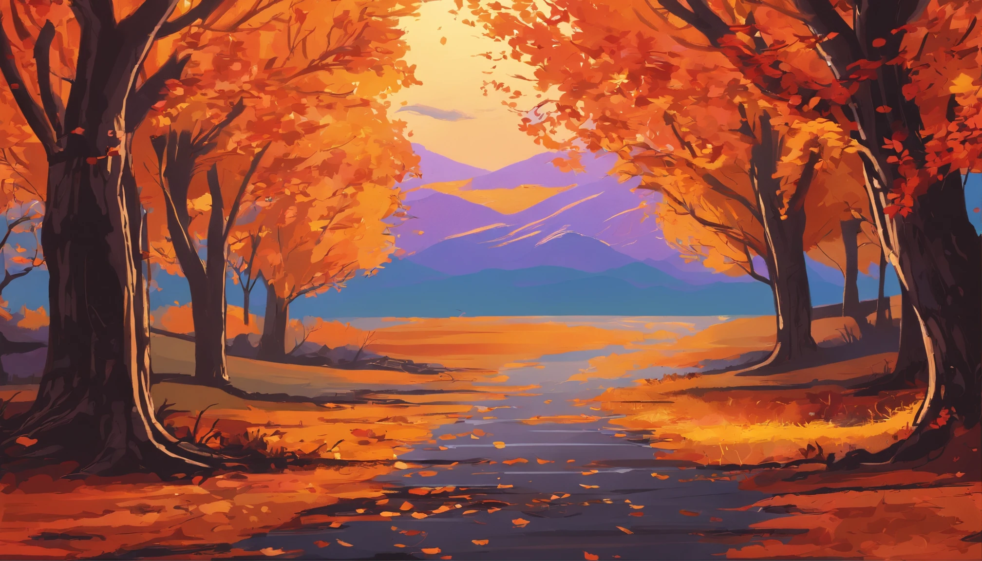 As the leaves begin to turn, the once-green landscape transforms into a kaleidoscope of warm, golden hues. The air is crisp and cool, carrying the scent of damp earth and decaying leaves. The trees, once towering and full of life, now stand tall and proud, their branches stretching towards the sky like skeletal fingers. The sun casts its final rays of light upon the landscape, illuminating the vibrant colors of the changing leaves. The sky is painted with shades of orange, pink, and purple, as if the heavens themselves were ablaze with the fiery hues of autumn. The trees, no longer content to simply stand and bear witness to the passing of the seasons, begin to shed their leaves in a final act of defiance, casting a golden carpet across the landscape. As the days grow shorter, the nights grow longer, and the temperatures drop, the world around us begins to prepare for the long slumber of winter. But even in death, the autumn landscape holds a quiet beauty, a time of reflection and renewal as the natural world prepares to rebirth itself once more. The trees, now bare and exposed, stand as testaments to the cyclical nature of life, their skeletal forms reaching towards the sky like outstretched arms, bidding farewell to the passing season and welcoming in the next.