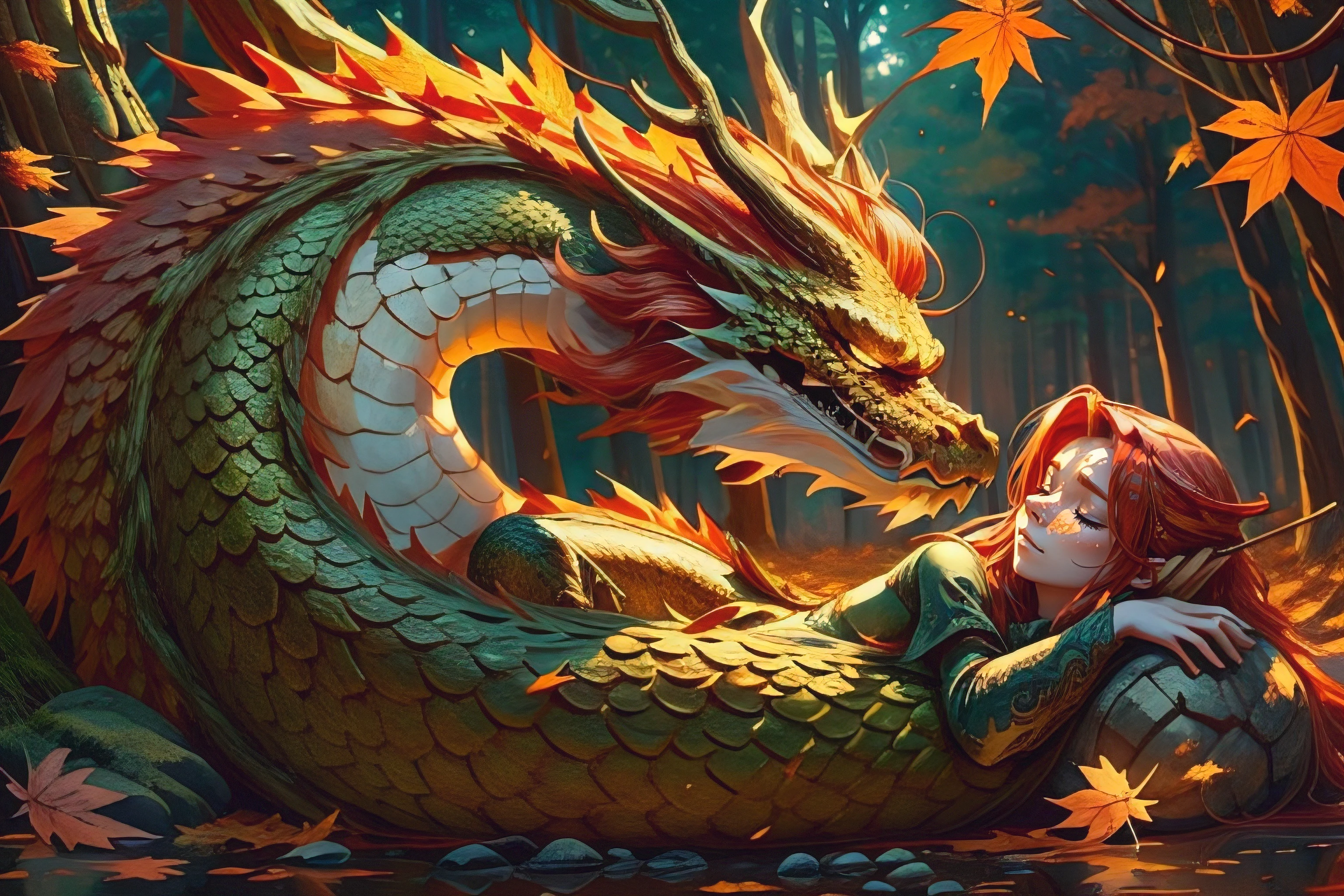 Sleeping (autumn) dragon in a beautiful fall (forest), female red-haired Finnish (knight), happily sleeping on dragon's belly, dusk, (leaves falling), calm, peaceful, detailed, high quality, high resolution, 8k, (unreal engine), film still, high saturation