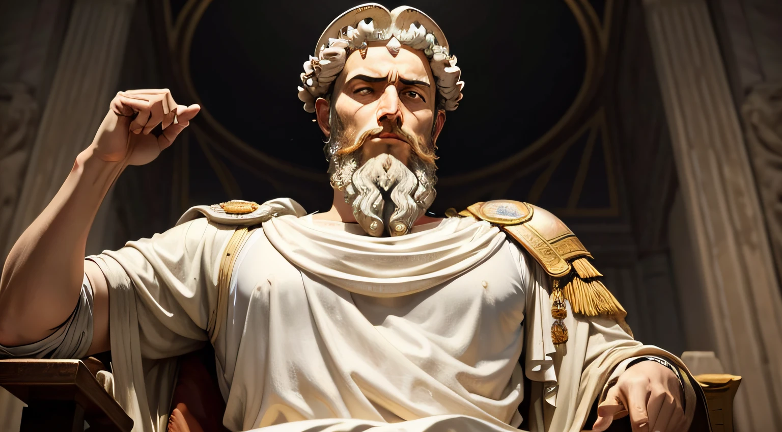A serious painting of the Roman emperor Marcus Aurelius in Stoic meditation on a military campaign