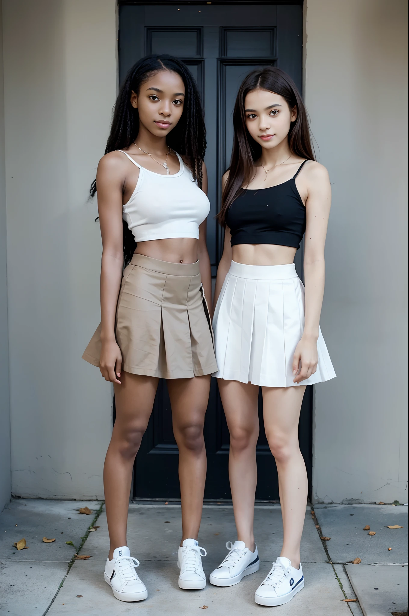 masterpiece, highest quality, full body , 2girls, two sisters, standing, ((18 years old)), ((black)), ((african)) (instagram photo), ((short)), ((small breasts)), petite body, white top, (conservative skirt), brown hair, white shoes, smiling, innocent face, innocent, young, detailed