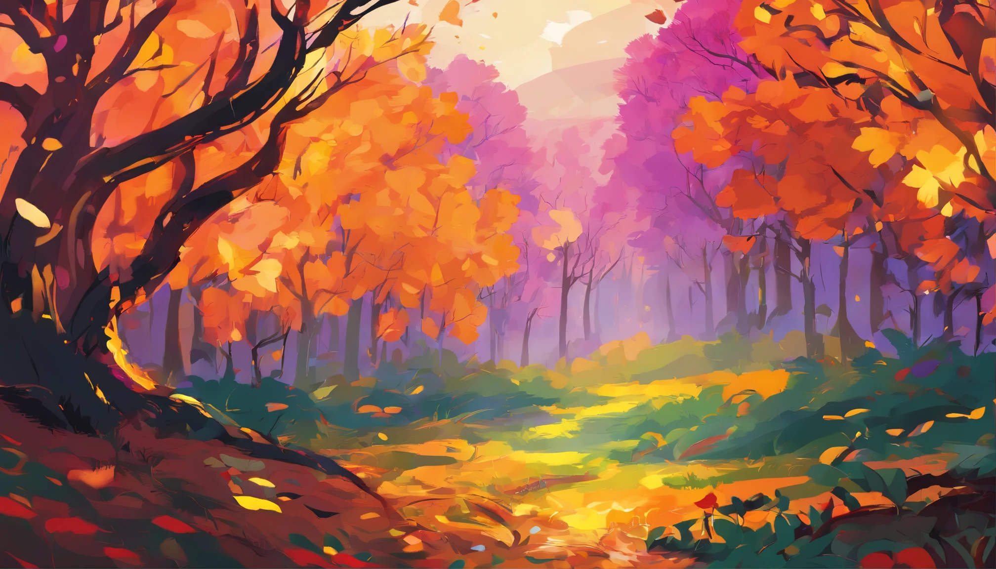 As the leaves begin to turn, the once-green landscape transforms into a kaleidoscope of warm, golden hues. The air is crisp and cool, carrying the scent of damp earth and decaying leaves. The trees, once towering and full of life, now stand tall and proud, their branches stretching towards the sky like skeletal fingers. The sun casts its final rays of light upon the landscape, illuminating the vibrant colors of the changing leaves. The sky is painted with shades of orange, pink, and purple, as if the heavens themselves were ablaze with the fiery hues of autumn. The trees, no longer content to simply stand and bear witness to the passing of the seasons, begin to shed their leaves in a final act of defiance, casting a golden carpet across the landscape. As the days grow shorter, the nights grow longer, and the temperatures drop, the world around us begins to prepare for the long slumber of winter. But even in death, the autumn landscape holds a quiet beauty, a time of reflection and renewal as the natural world prepares to rebirth itself once more. The trees, now bare and exposed, stand as testaments to the cyclical nature of life, their skeletal forms reaching towards the sky like outstretched arms, bidding farewell to the passing season and welcoming in the next.