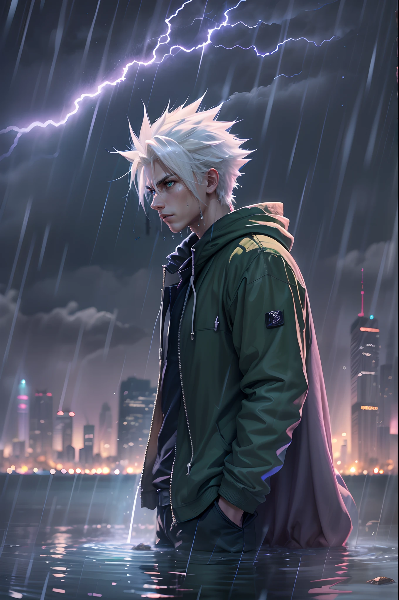 Standing alone in water fire flies around him looking at a giant building , Cloud Strife  , man, Spikey white hair, wearing a green hoodie, smooth Skin, Rain Drops, lightning