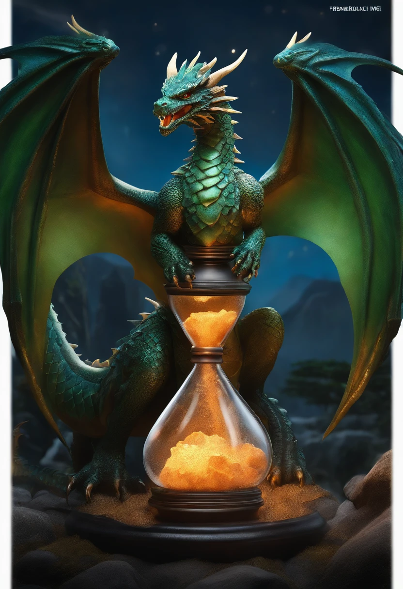 A majestic dragon guarding an ancient hourglass made of enchanted glass crystals, (best quality,4k,8k,highres,masterpiece:1.2),ultra-detailed,(realistic,photorealistic,photo-realistic:1.37). The hourglass is filled with shimmering sand that flows slowly, defying gravity. The dragon's scales are iridescent, with hues of emerald green and sapphire blue reflecting in the sunlight. The dragon's eyes glow with an intense fiery orange, radiating power and wisdom. The intricate details of its claws, teeth, and wings are meticulously rendered, showcasing the dragon's mighty and fearsome presence. The surrounding landscape is a mystical realm with floating islands, vibrant flora, and cascading waterfalls. The hourglass is adorned with ancient runes, glowing mystically, adding an element of arcane magic. The lighting creates a dramatic atmosphere, with sunlight piercing through the clouds, casting ethereal rays on the dragon and the hourglass. The color palette is rich and vibrant, featuring deep blues, lush greens, and fiery oranges. The artwork exudes a sense of awe and wonder, capturing both the majestic nature of dragons and the intrigue of the enchanted hourglass.
Remember to follow the formatting rules and include all the necessary details. Feel free to be creative and add any additional relevant elements to enhance the prompt.