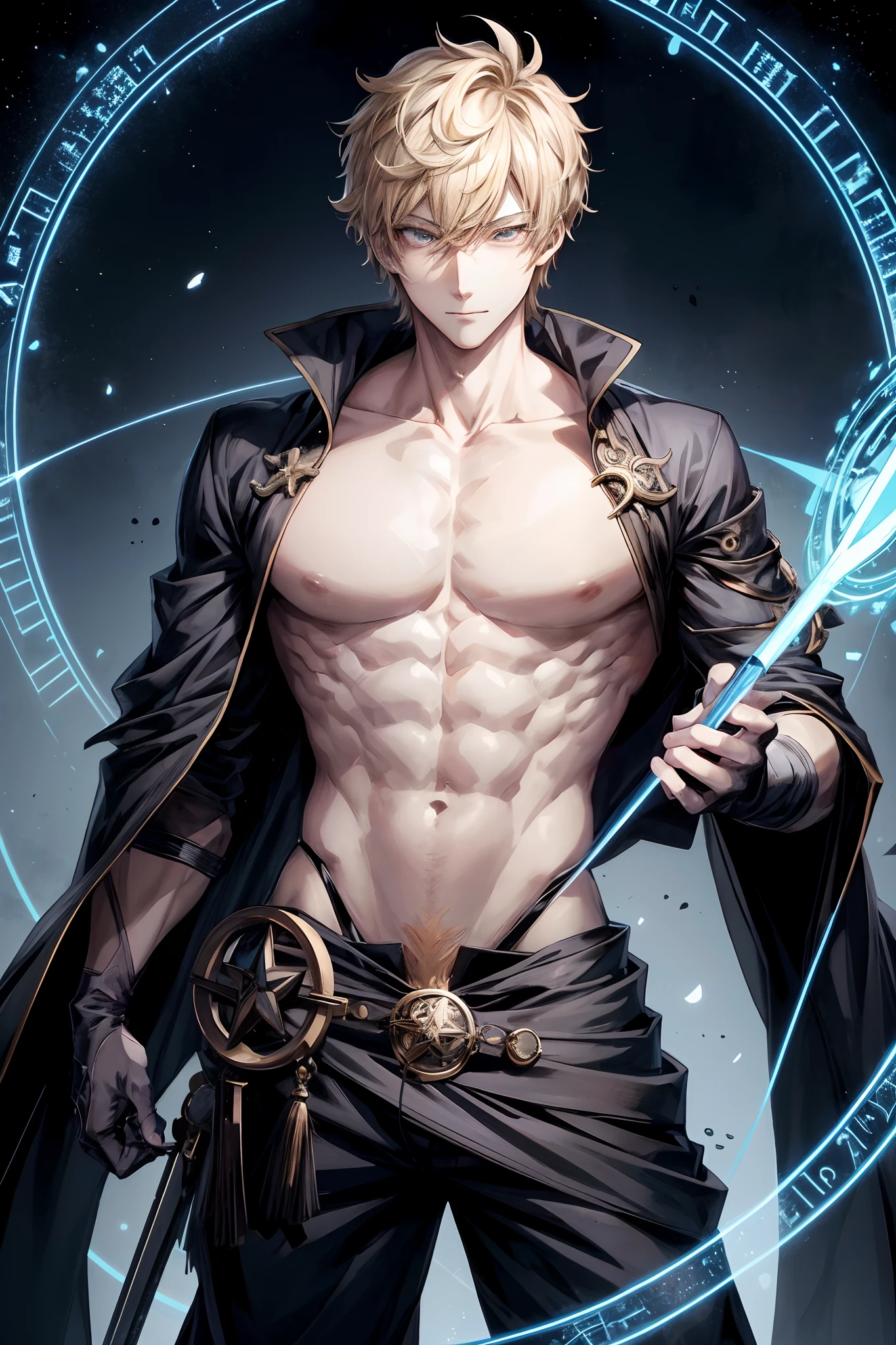 Trending on artstation pixiv, anime guy with bright eyes, unsual eyes, best anime 4k, zerochan art, key anime art, [[[[grinning evily]]]], Mage, masterpiece, Magic, Magic circle, (gray skin), muscular, open shirt, solo, rings, good anatomy, detailed hands, detailed eyes, (male), Black cat, Black Wizard clothes