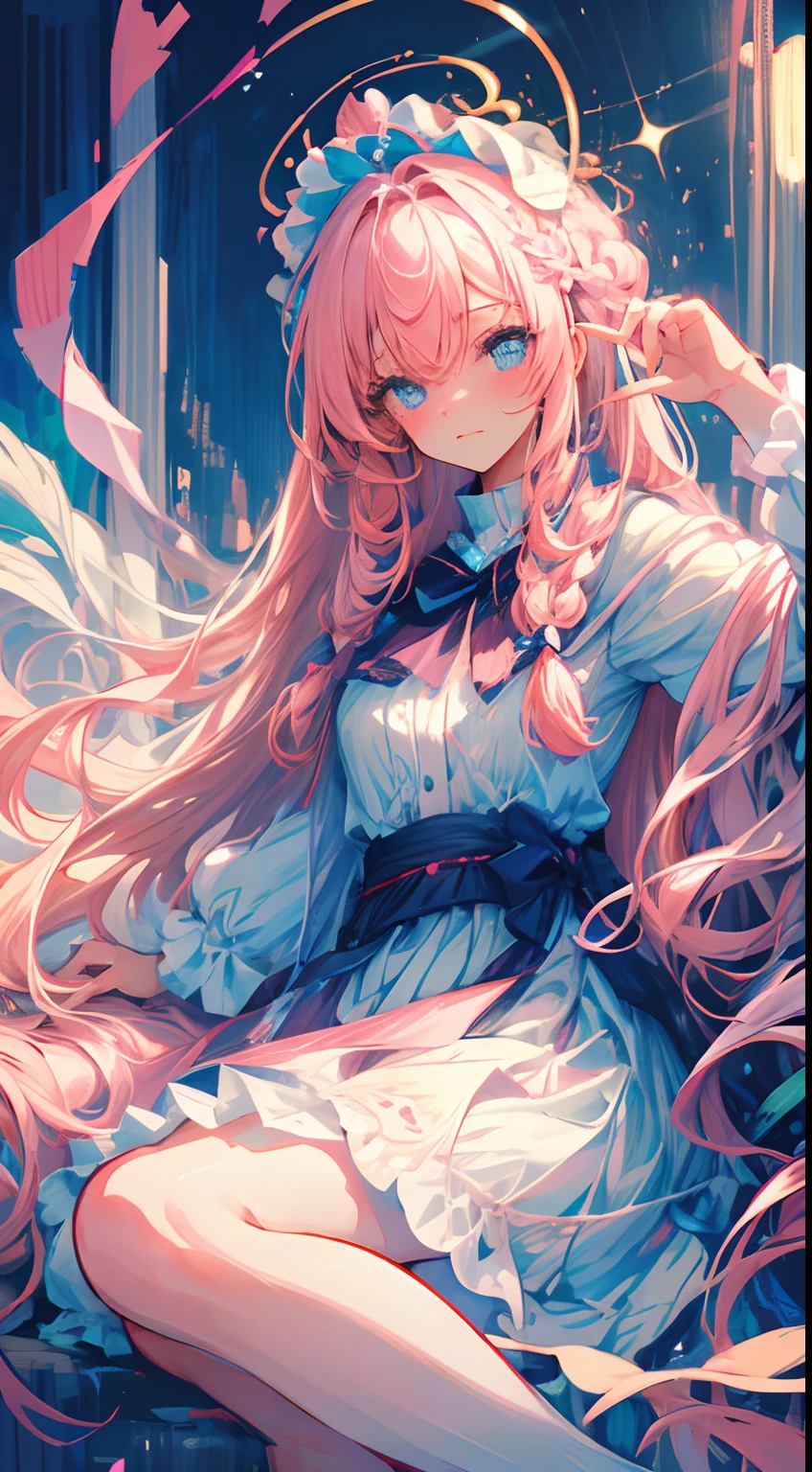 (masterpiece),best quality, a girl in her bedroom, gorgeous, cute girl, perfect face, expressive eyes, (((extreme shading, semi-realistic, perfect light))), ((night, cozy, warm colors)), white dress, sensual, braid, detailed hair, amazing hair, 4k, stunning eyes, pink hair, blue eyes, semi-realistic, gentle, feminine, delicate, ephemeral,(soft), ultra-detailed,BREAK she is embarassed, she is blushing, she is beauitful, cute image, the image has dramatic light