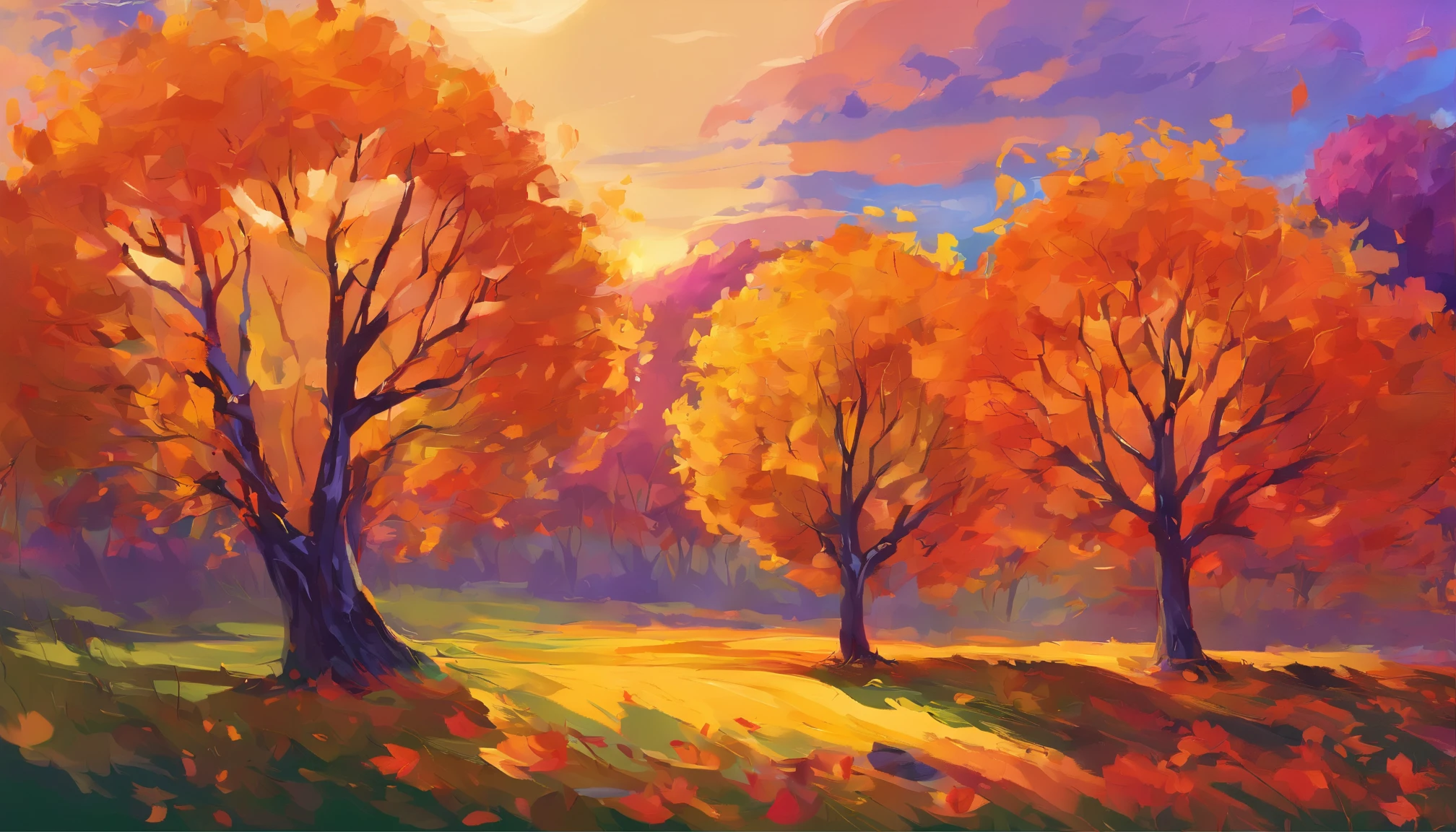 As the leaves begin to turn, the once-green landscape transforms into a kaleidoscope of warm, golden hues. The air is crisp and cool, carrying the scent of damp earth and decaying leaves. The trees, once towering and full of life, now stand tall and proud, their branches stretching towards the sky like skeletal fingers. The sun casts its final rays of light upon the landscape, illuminating the vibrant colors of the changing leaves. The sky is painted with shades of orange, pink, and purple, as if the heavens themselves were ablaze with the fiery hues of autumn. The trees, no longer content to simply stand and bear witness to the passing of the seasons, begin to shed their leaves in a final act of defiance, casting a golden carpet across the landscape. As the days grow shorter, the nights grow longer, and the temperatures drop, the world around us begins to prepare for the long slumber of winter. But even in death, the autumn landscape holds a quiet beauty, a time of reflection and renewal as the natural world prepares to rebirth itself once more. The trees, now bare and exposed, stand as testaments to the cyclical nature of life, their skeletal forms reaching towards the sky like outstretched arms, bidding farewell to the passing season and welcoming in the next.