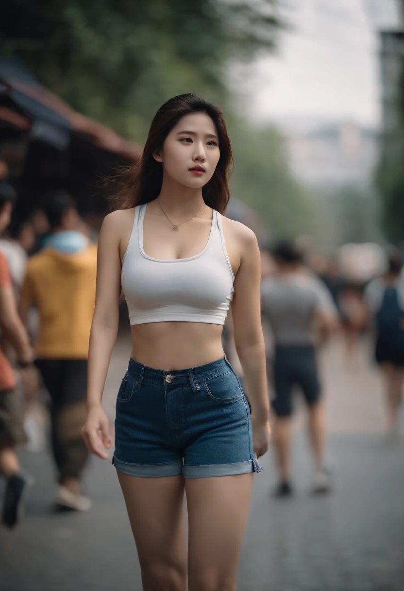 girl, Korean girl wearing sport shorts, crop top, big breast, street, crowded people, emphasis thighs, bokeh, realistic lighting, realistic photo, cinematic color grading, 8k high quality photo, ultra high quality