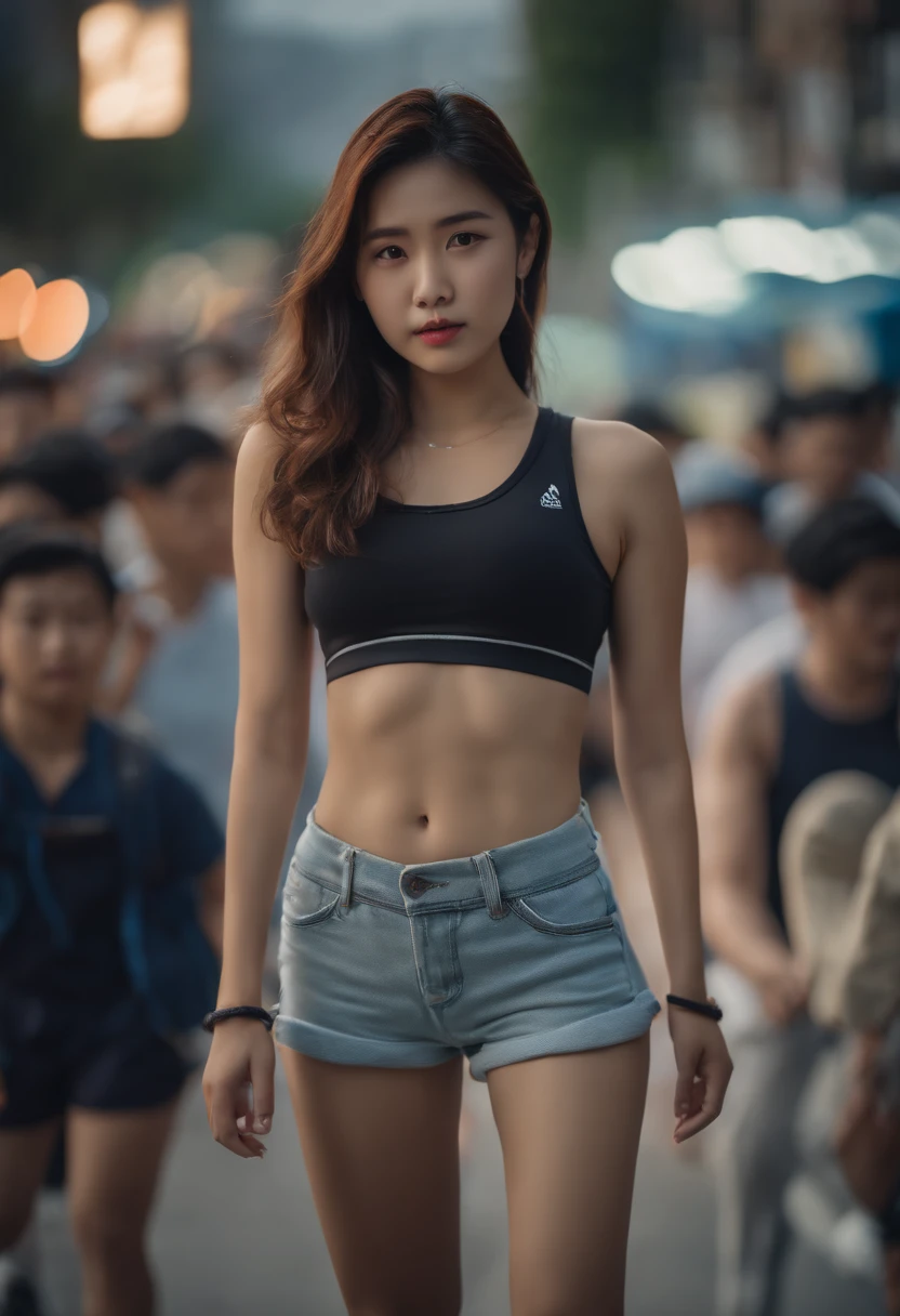 ************ girl, Korean  girl wearing sport shorts, crop top, big breast, street, crowded people, emphasis thighs, bokeh, realistic lighting, realistic photo, cinematic color grading, 8k high quality photo, ultra high quality