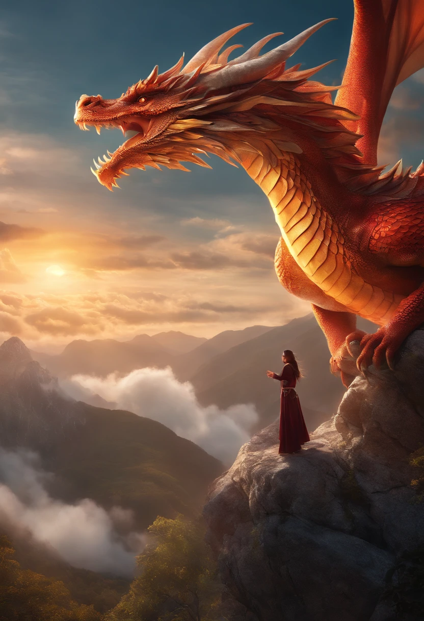 Dragon Girl, Standing in the middle of the mountains, In a fantasy world, Anime style,floating clouds,Breathtaking scenery,dynamicpose,mystical aura,bright glowing eyes,Multicolored dragon scales,Loose hair fluttering in the wind,Fantasy costume,Shine and magic particles,GlowingRunes, floating around,On-air lighting,The dragon's wings are spread wide,astonishing level of detail,high resolution illustrations. (Best Quality,4k,hight resolution,Masterpiece:1.2),Bright and rich colors,Soft and dreamy color palette,Impressive light and shadow effects,Rich and realistic textures,attention to facial expressions and emotions,The majestic and powerful presence of the dragon man,Playful and mischievous expression on the girl's face.