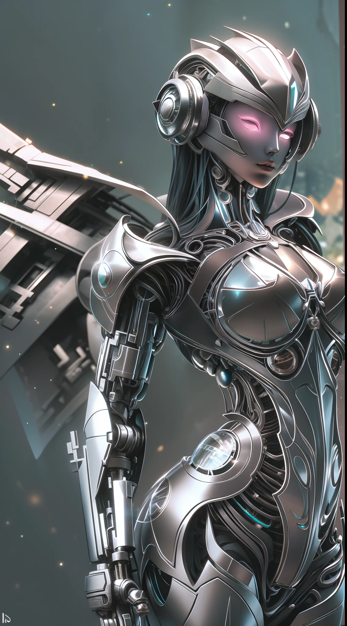 Female green mech sculpture，Skysky，The mech is rich in detail，Mechanical skin texture，Silver robot wing detail，Silver lightning ball