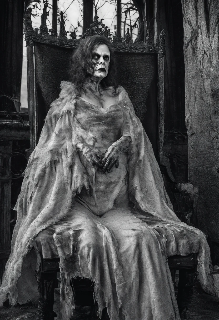 a 67 year old lady who lives in Dracula's castle in Transylvania, she has red hair, green eyes, vampire teeth stained with blood, an evil look with the smile of the devil, she has very big breasts, she dresses in a red bra and lingerie, shoes with stiletto heels, pale skin, big legs and huge calves, she has a lot of fat all over her body and is sitting on a vampire chair outside dracula's castle