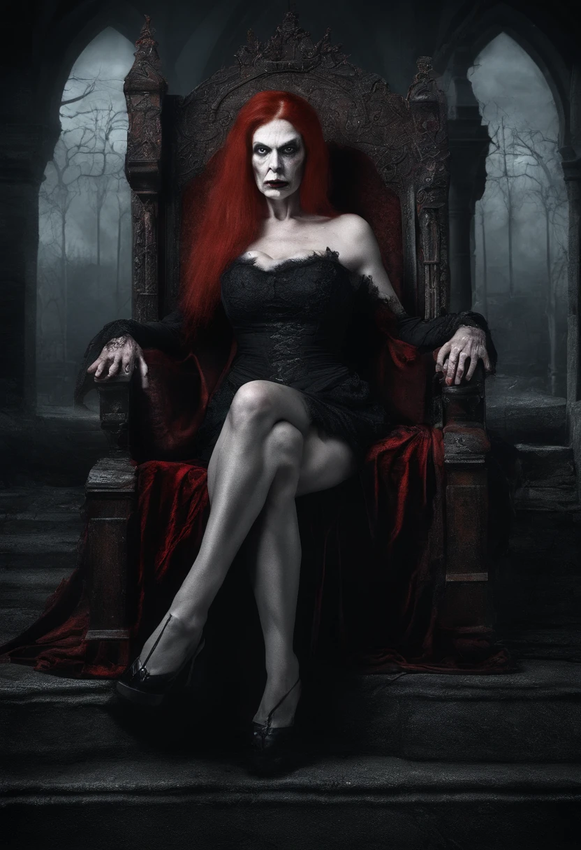 a 67 year old lady who lives in Dracula's castle in Transylvania, she has red hair, green eyes, vampire teeth stained with blood, an evil look with the smile of the devil, she has very big breasts, she dresses in a red bra and lingerie, shoes with stiletto heels, pale skin, big legs and huge calves, she has a lot of fat all over her body and is sitting on a vampire chair outside dracula's castle