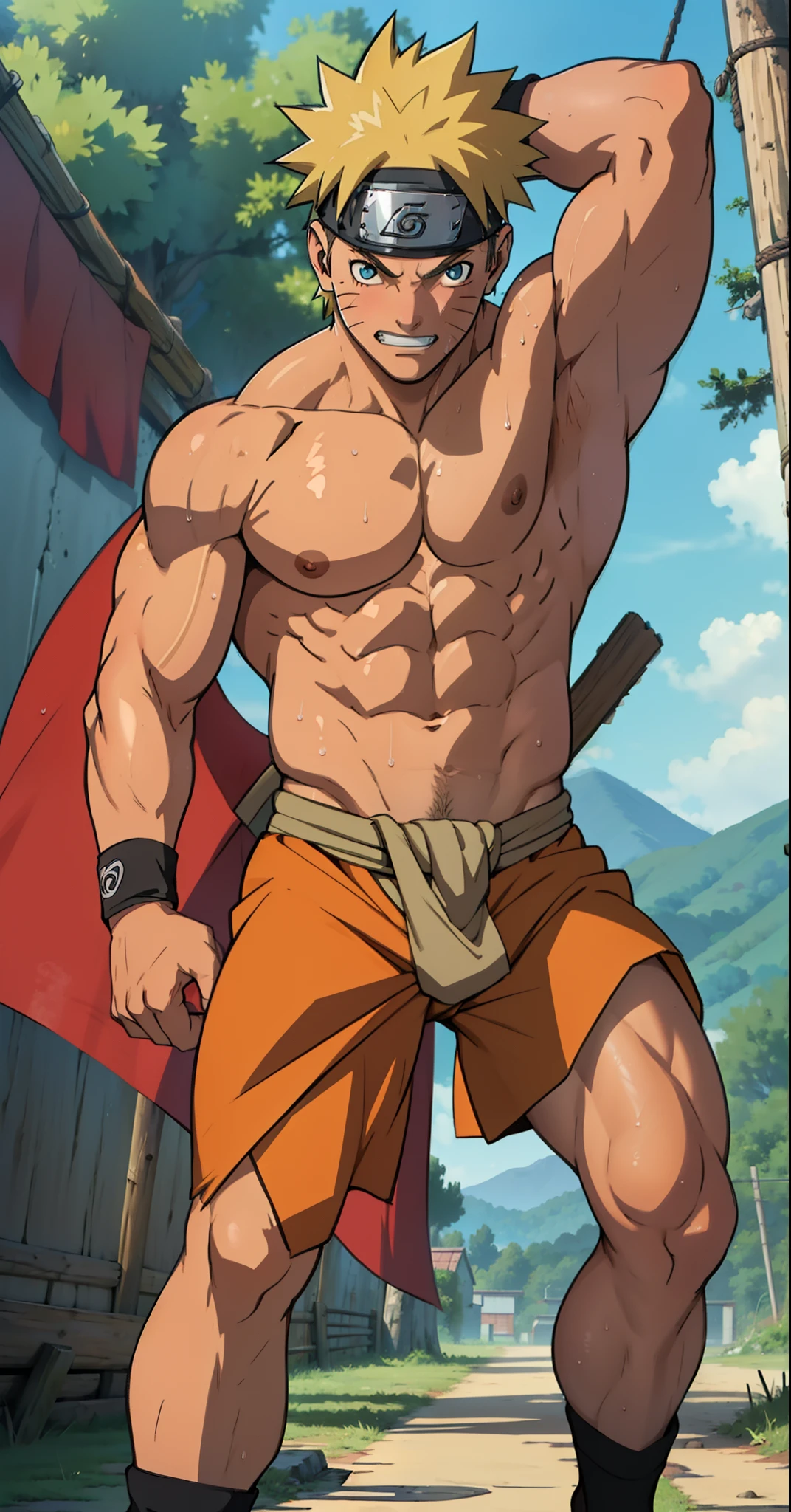 (Full body) boy was shy and blushed (photo subject: Close-up of muscular thigh muscles ) (photo angle from bottom up)(Drawings of Naruto anime) (photo angle from the ground upwards) [Anime photo][highest quality photo][4k,HD photo quality ] wear tight and short loincloths soaking wet,the loincloth bulges due to the erect male genitals  (muscular thigh muscles, firm thigh muscles, muscular thigh muscles, sinewy thigh muscles, giant thigh muscles, strong leg muscles, muscular hamstring leg muscles) ,Uzumaki Naruto fun, happy ,delighted, bodybuilder,bodybuilding, standing, red skin, pink skin, tanned skin,reddish brown skin, lots of sweat flowing down, topless, shirtless, hot sunny, (do not wear banners,do not wear headbands) hands behind head
