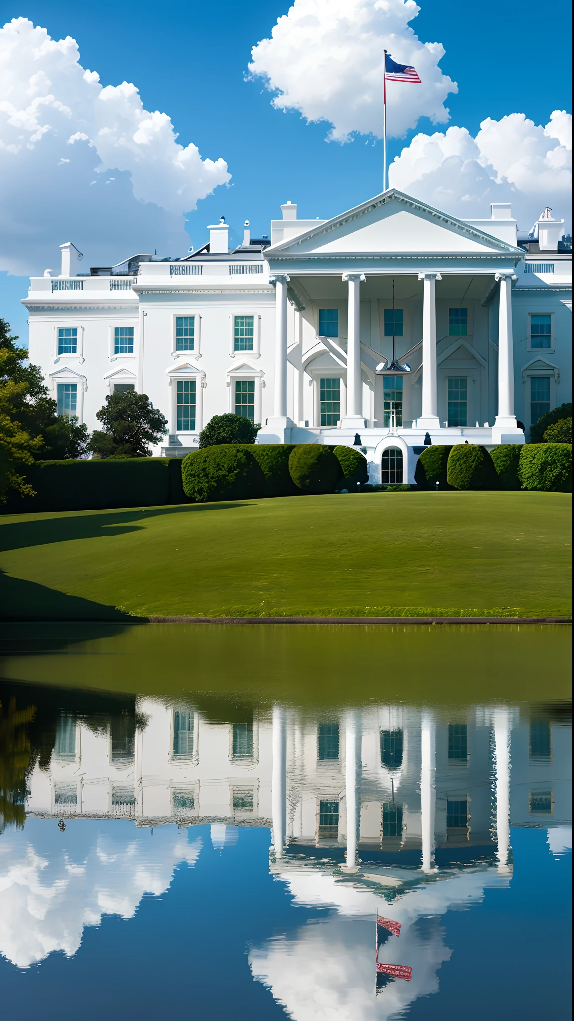 Create a digital artwork featuring the White House reflected in water, glass, or another reflective surface, adding an element of complexity and depth.