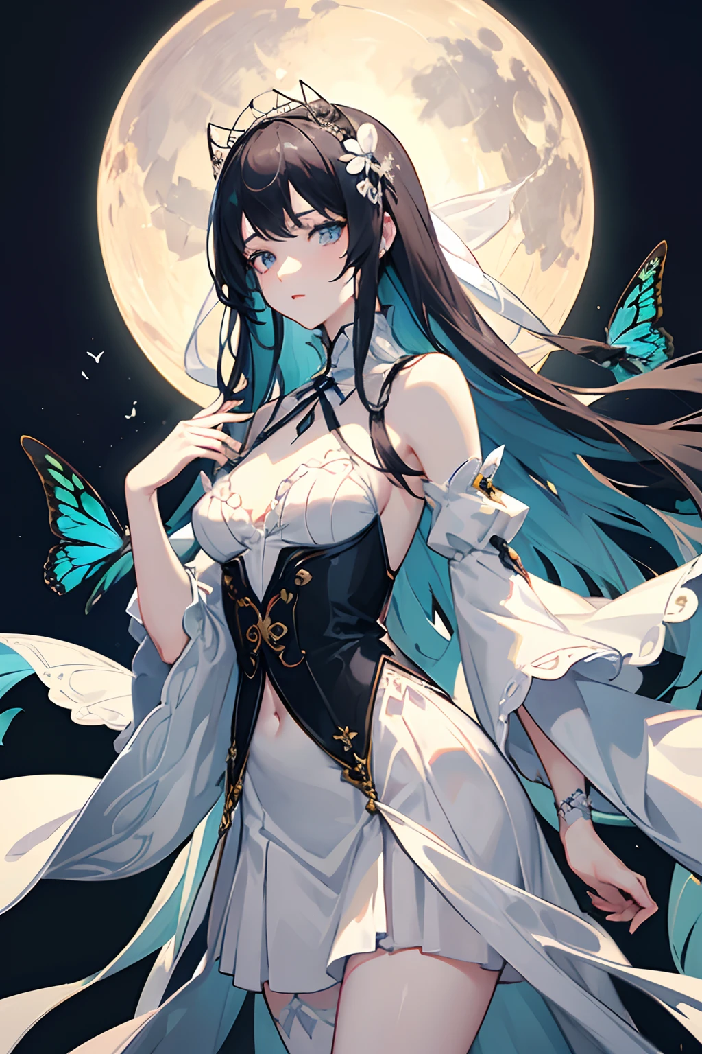 extremely delicate and beautiful girls, art nouveau, depthoffield, cowboy_shot, standing, flat chest, girl,woman,female, young,25 years old, medium hair, wavy hair, bangs, long bangs, sidelocks, pale blue hair, hair fluttering in the wind, delicate beautiful face, annoyed, beautiful detailed deep eyes,(almond sharped eyes), delicate hands, medium_breasts, , heterochromic, pale skin, piercing, beautiful detailed black gothic Empire Waist Dress, high_heels, (butterflys flying around), white_background, (very detailed light), white theme, absurdres, extremely CG, very fine 8KCG wallpapers,