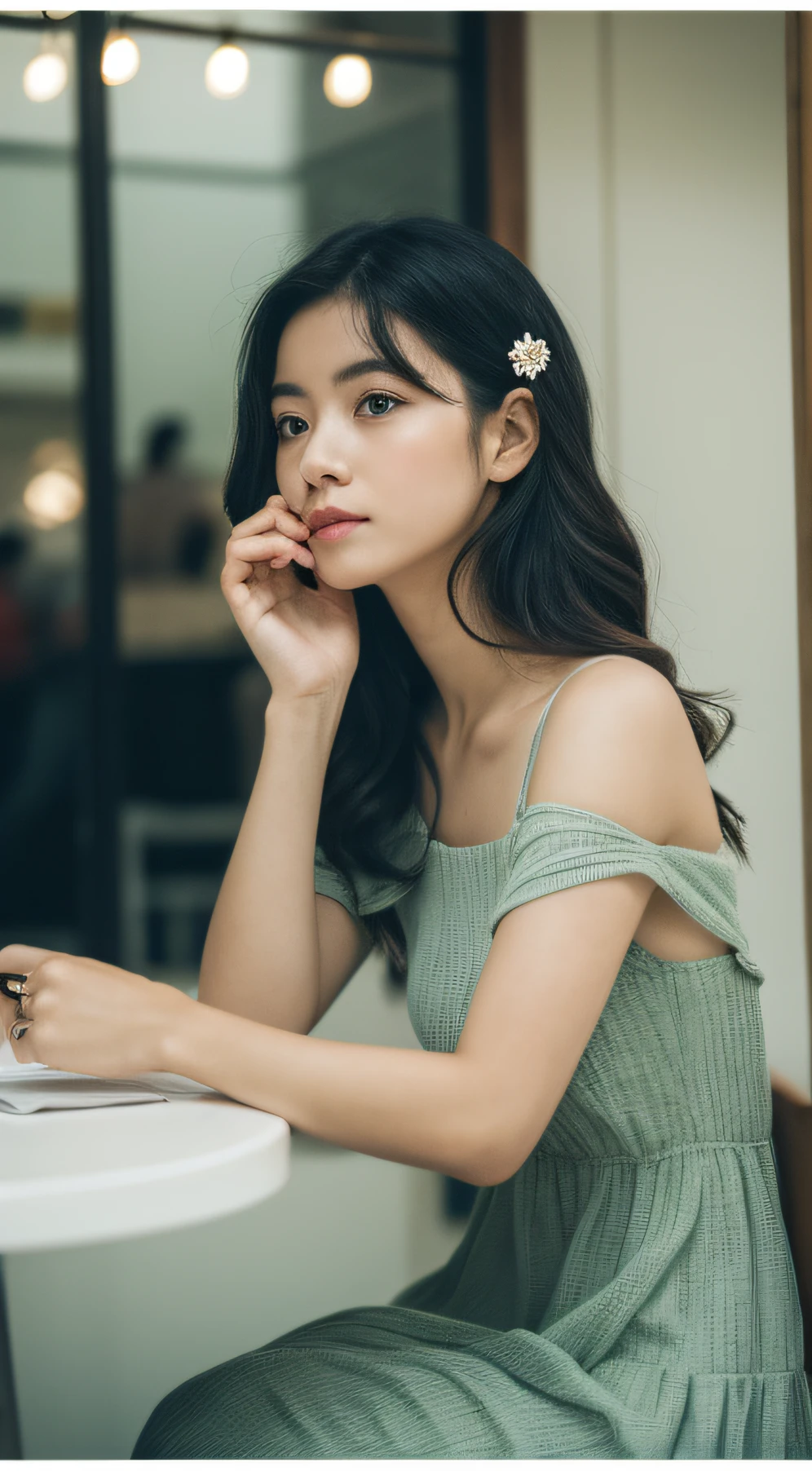 (8k, Foto RAW, best quality)1 cinta, beautiful face, Curled hair as black as a spring,melancholic mood,Delicate hair accessories,Vestido de fada branco,Sente-se e olhe pela janela, coffe shop, ao ar livre,rainy sky,Fundo bokeh,Focalors,filmgrain,