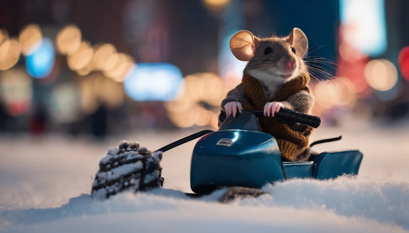 Cute mouse, rsweater vest, riding an antique snowmobile in times square new york on a snowy night,very clear picture, profile pic, photo of a woman, , picture, trending photo, cinematic, extreme depth of field, lights reflecting on snow.