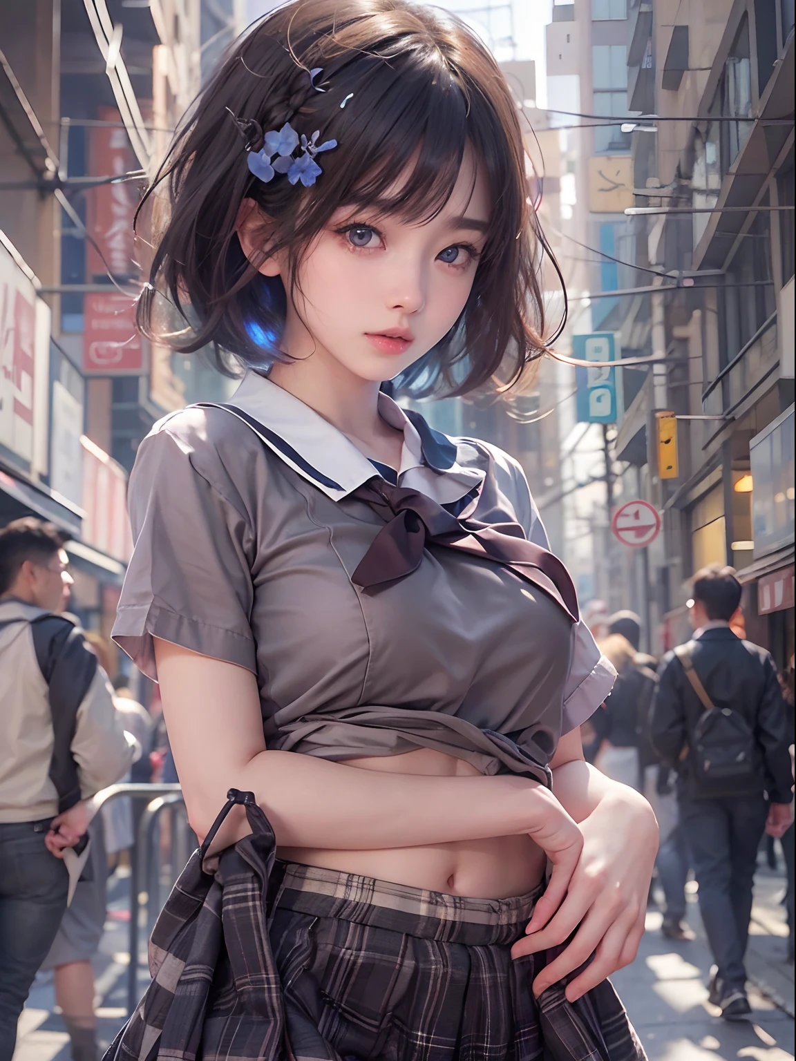 nsfw, 1girl, nude, full body, (masterpiece: 1.4), (8K, realistic, raw photo, best quality: 1.4), skirtlift, naked, school uniform, nipple areola shape clear, beautiful small breasts, Japanese girl, beautiful cute face, (real face: 1.4), perfect pussy, beautiful hairstyle, realistic blue eyes, beautiful detail eyes, (real skin: 1.3), beautiful skin, attractive, ultra high resolution, ultra realistic, cinematic lighting, black colored hair, short hair, city street