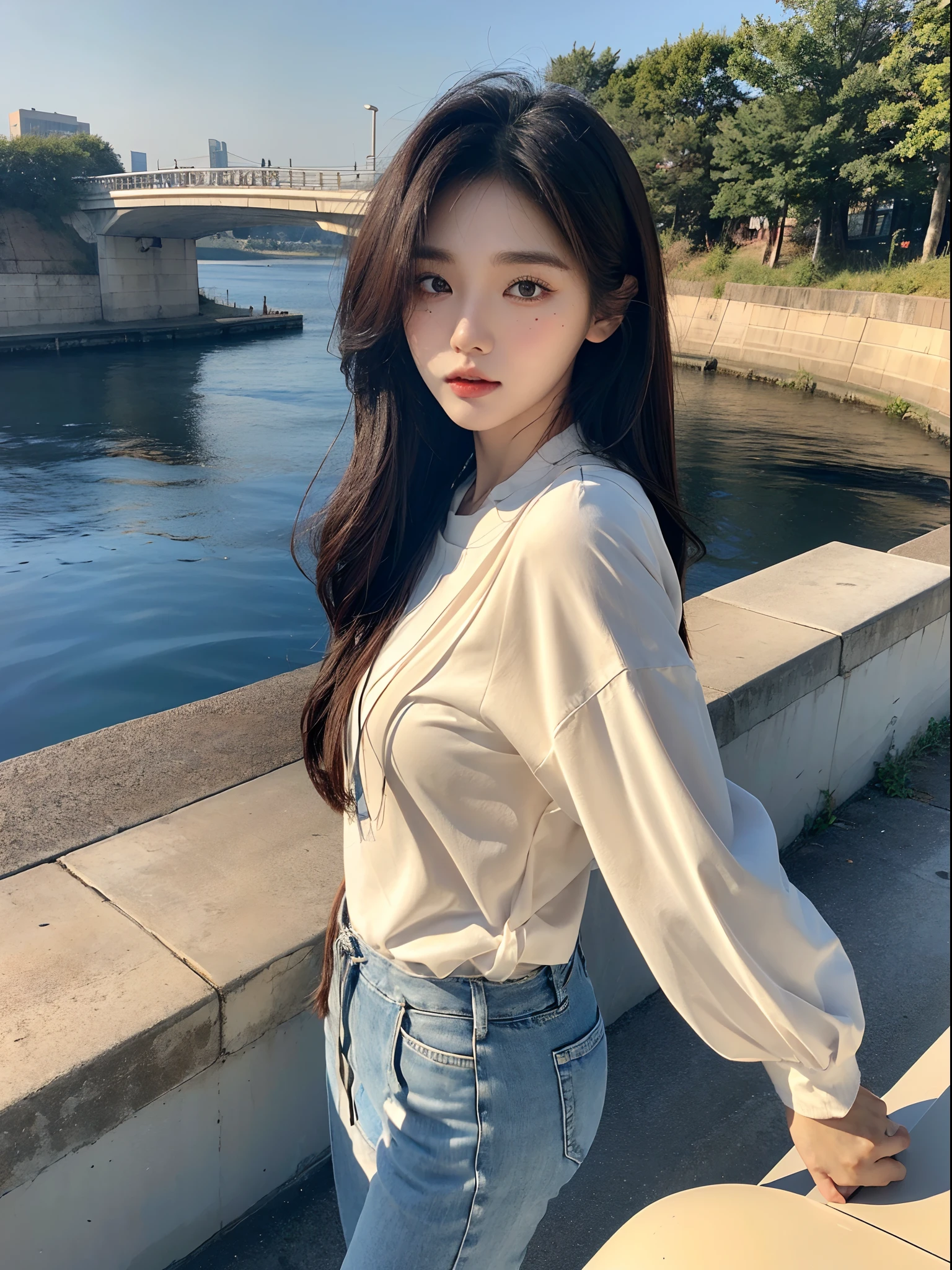 ​masterpiece、top-quality)、1 beutiful girl、Slim body、((Black and white plain clothes:1.1))、(Detailed beautiful eyes)、In the Han River、FACE RESEMBLING CHAEWON IN LE SSEREFIM、((Boyish Brown Medium Hair))、((Smaller face))、((Neutral face))、((Light brown eyes))、((Korean Girl))、((18year old))、((cool lady))、((Embarrassed expression))、((Korean Makeup))、((elongated and sharp eyes))、((Happy dating))、((boyish))、((She is walking in front of the viewer))、((Looking at the sky))、((Looking Up))、((shot from back))