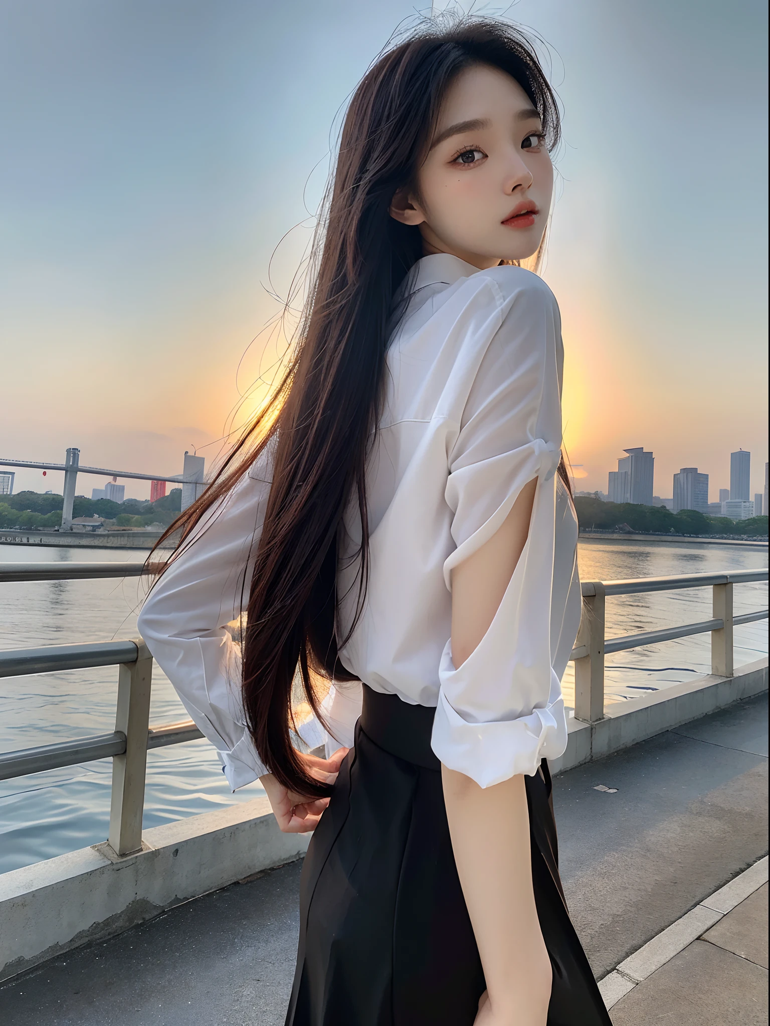 ​masterpiece、top-quality)、1 beutiful girl、Slim body、((Black and white plain clothes:1.1))、(Detailed beautiful eyes)、In the Han River、FACE RESEMBLING CHAEWON IN LE SSEREFIM、((Boyish Brown Medium Hair))、((Smaller face))、((Neutral face))、((Light brown eyes))、((Korean Girl))、((18year old))、((cool lady))、((Embarrassed expression))、((Korean Makeup))、((elongated and sharp eyes))、((Happy dating))、((boyish))、((She is walking in front of the viewer))、((Looking at the sky))、((Looking Up))、((shot from back))