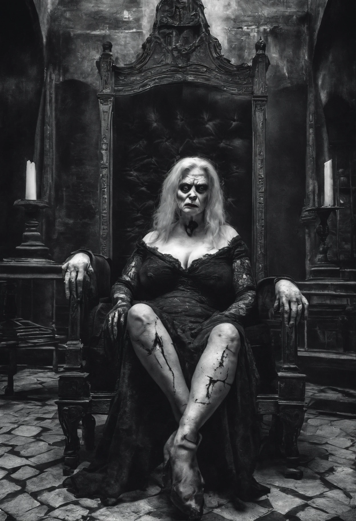 a 67 year old lady who lives in Dracula's castle in Transylvania, she has red hair, green eyes, vampire teeth stained with blood, an evil look with the smile of the devil, she has very big breasts, she dresses in a red bra and lingerie, shoes with stiletto heels, pale skin, big legs and huge calves, she has a lot of fat all over her body and is sitting on a vampire chair outside dracula's castle