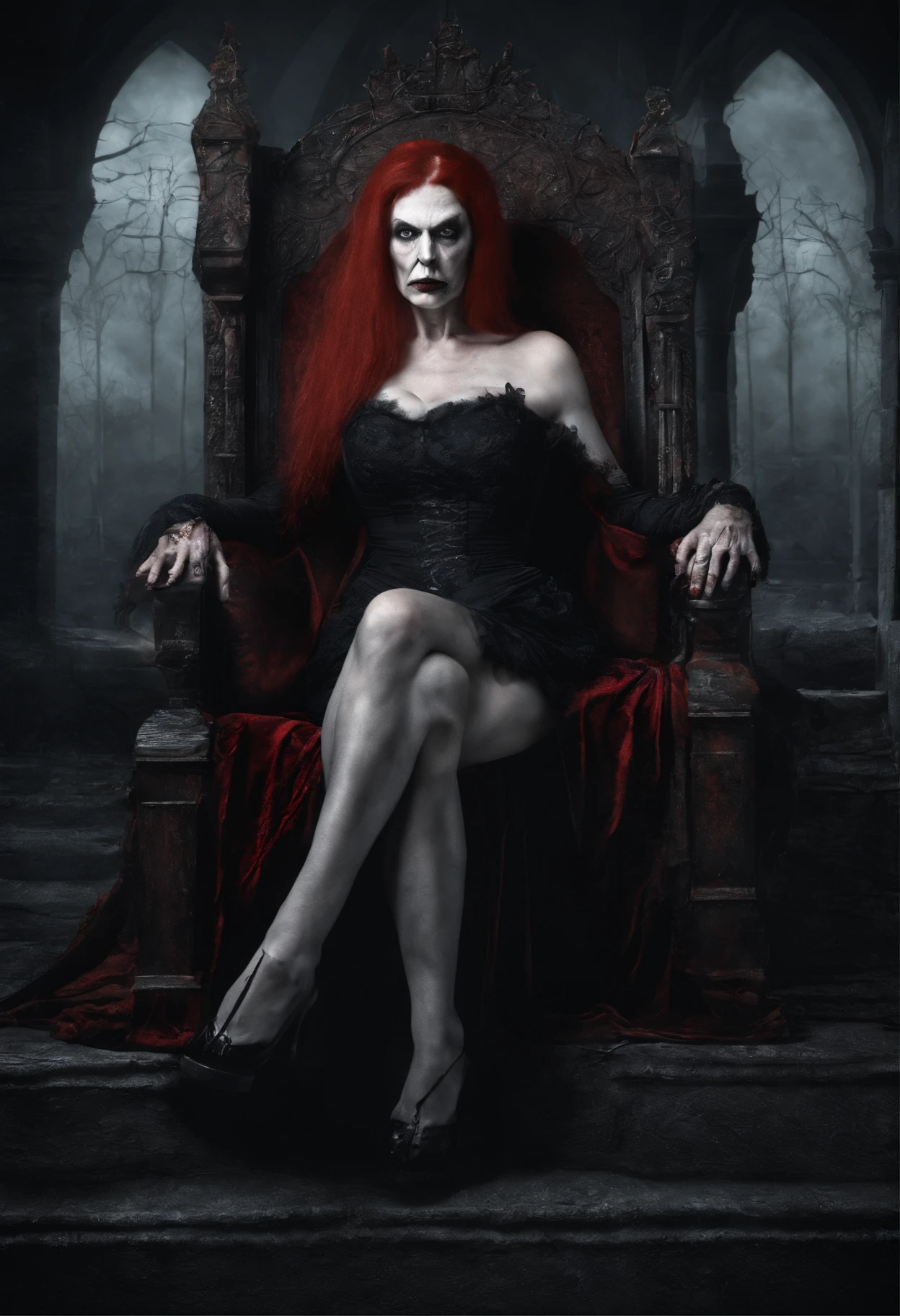 a 67 year old lady who lives in Dracula's castle in Transylvania, she has red hair, green eyes, vampire teeth stained with blood, an evil look with the smile of the devil, she has very big breasts, she dresses in a red bra and lingerie, shoes with stiletto heels, pale skin, big legs and huge calves, she has a lot of fat all over her body and is sitting on a vampire chair outside dracula's castle