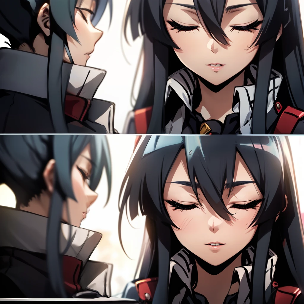 Akame (akame ga kill), closing her eyes, preparing to give a kiss, puckered lips