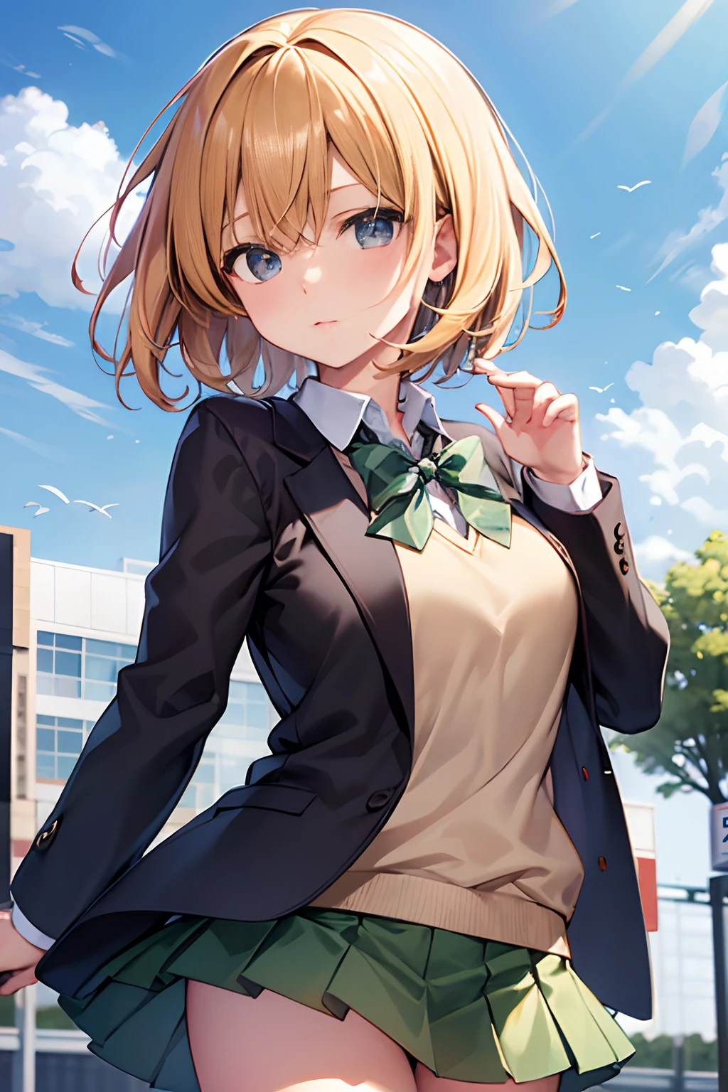 Japanese anime girl Kirino, Short shiny blonde hair, explosions, Hair between the eyes, Curly hairstyle, (eyes blue: 1.3), sweet, cute, 18 years old, blonde hair, short hair hair, eyes blue, Looking at the screen, soft colors, Best Quality,(Nakano Yotsuba)), 独奏, school uniforms, blonde hair, eyes blue, Green skirt, yellow sweater, school, 独奏, Nakano Yotsuba, Nakano Yotsuba, short hair hair, eyes blue, Nakano Yotsuba, Nakano Yotsuba, skirt, shirt, Long Sleeve, bow, school uniforms , jacket, Hair tie, yellow shirt, Pleated skirt, Hair tie, open clothing, collared shirt, mini skirt, tie, black jacket, vest, Wing collar, green_skirt, green_bow, green_ribbon, green_tie, Best Quality, A highly detailed