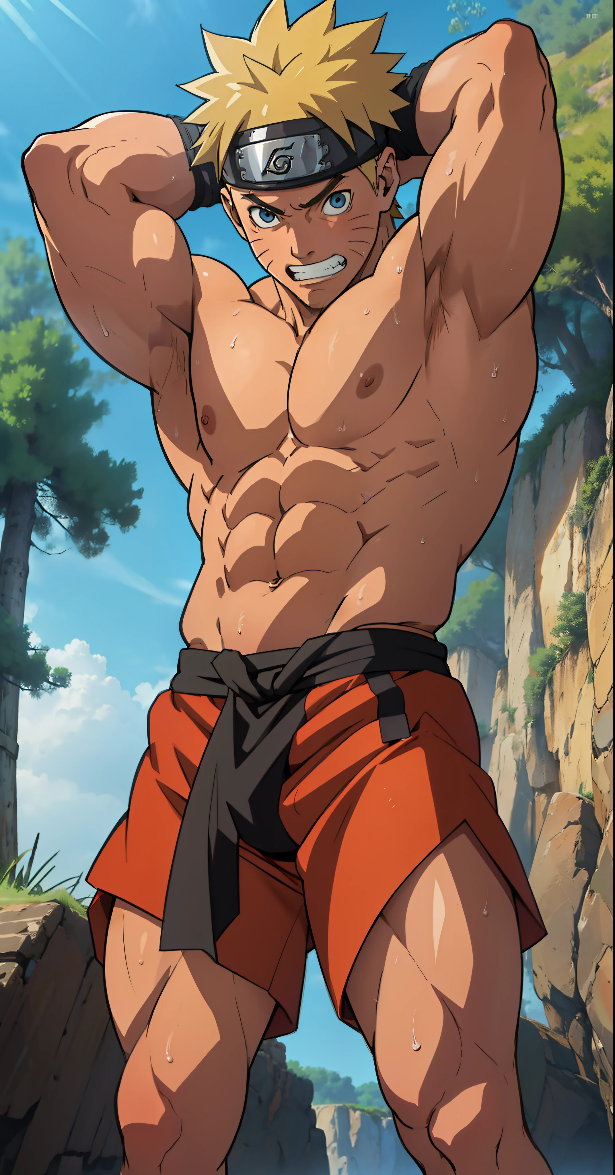 red skin, bright red skin, the boy blushed shyly , rosy skin, shiny skin(muscular thigh muscles )(Naruto anime style, art) (photo angle from bottom up) (photo angle from the ground upwards) [Anime photo][highest quality photo][4k,HD photo quality ] wear tight and short loincloths ,the loincloth bulges due to the erect male genitaluscular thigh muscles, firm thigh muscles, muscular thigh muscles, sinewy thigh muscles, giant thigh muscles, strong leg muscles, muscular hamstring leg muscles)(thigh muscles bulging as if about to explode, muscular, calloused, sinewy, giant) , Rudeus Greyrat,fun, happy,bodybuilder,bodybuilding, standing, lots of sweat flowing down, topless, shirtless, hot sunny, 8 pack abs , short hair , green eyes