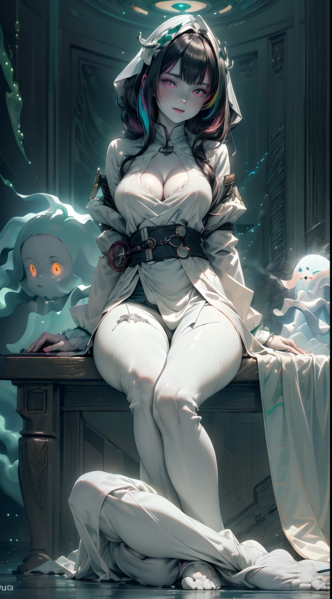 (ghosty:1.85) (doctor:1.5) (nurse:0.65) girl, (white doctor coat:1.4), (spirit, spiritual:1.2), 1girl, perfect and well designed glowing shiny eyes, (beautiful detailed eyes:1.05), natural medium breasts, slim body, beautiful and delicate cute face, (face detail), ((realistic face)), pores, ((pale grey skin)), detailed skin, realistic skin, (((bioluminescence))), ((shiny skin)), (multicolored gradation skin), (monster girl:1.25), human face, medium length hair, hair voluminous, (((((multicolored gradation hair))))), (dark-haired:1.75), super high resolution, 8k, parameters Best quality, (masterpiece:1.4), (magic accessories:1.4), bracelets, extremely detailed thick tight ((white:1.5), (green:1.2), (pink:0.5)) (medical uniform:1.6), (pants:1.3), (standing nipples under cloth:1.3), (cameltoe:1.4), (neckline:1.3), (cleavage:1.4), (decolette:1.5), Young Girl, Little Beast, (Smile:0.9), (pale Skin:1.85), ultra detailed, photorealistic, ((Real image)), (best quality:1.4), super high resolution, (Realistic 2.0), More details, (((1girl))), {(medical ward:1.2)|(doctor office:1.2)}, (beautiful and aesthetic:1.2), (fractal art:1.4), (cinematic light:1.1), (DUTCH ANGLE:1.2), full body, 16K, HDR, RTX, Ray Tracing, Radiosity, Anisotropic Filtering, Subsurface Scattering, (((magic lights))), metallic reflections, Detailed, Realistic, 4k highly detailed digital art, (cool_color), extremely detailed CG unity 8k wallpaper, vibrant colors, (seductive sitting pose:1.7), (spread legs:1.35)