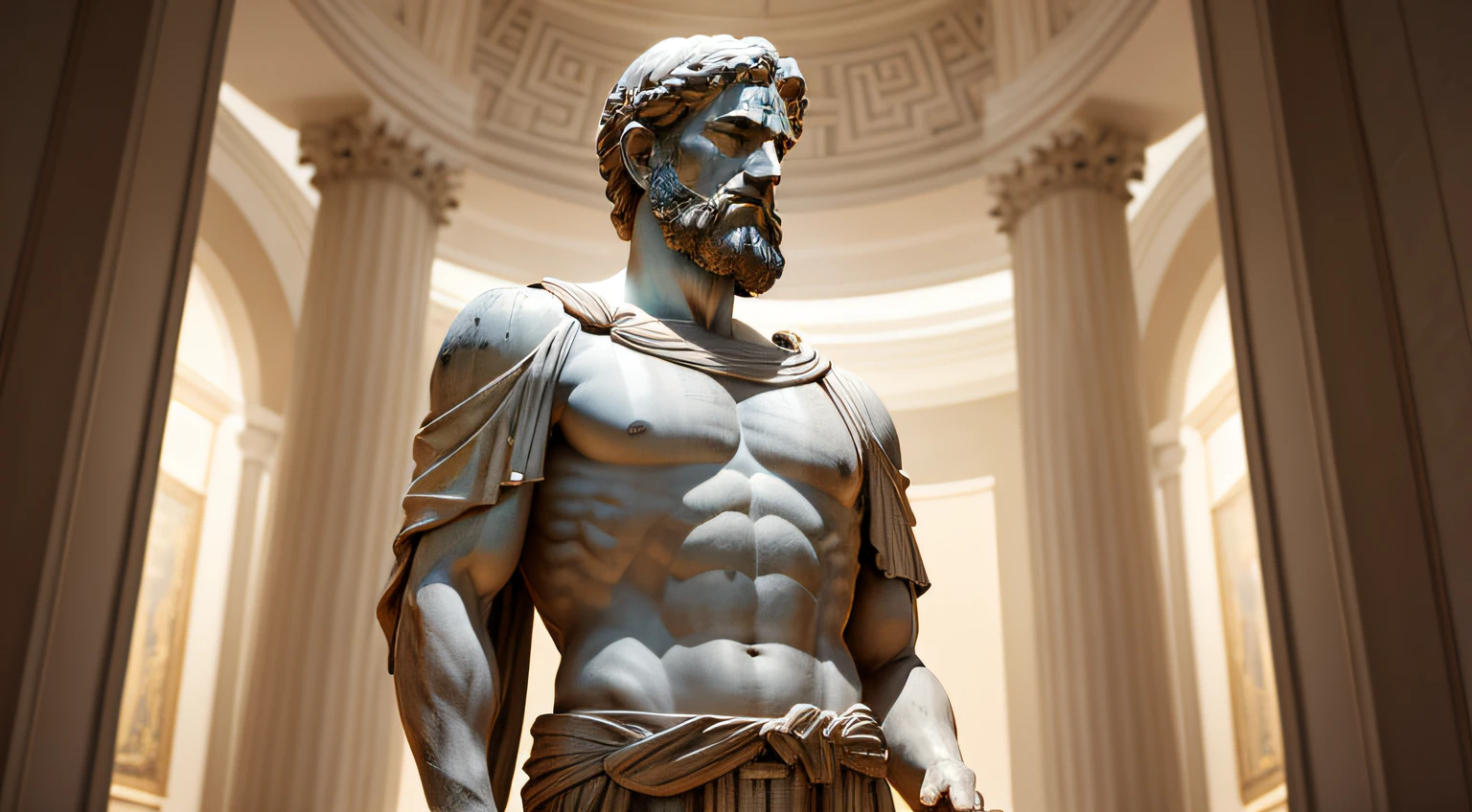 A statue of a Greek man standing, realistic statue of brave Aristotle wearing a toga, fundo neutro, Moody, , fotorrealista, super detalhada, Hiper realista, fundo escuro, 8 mil