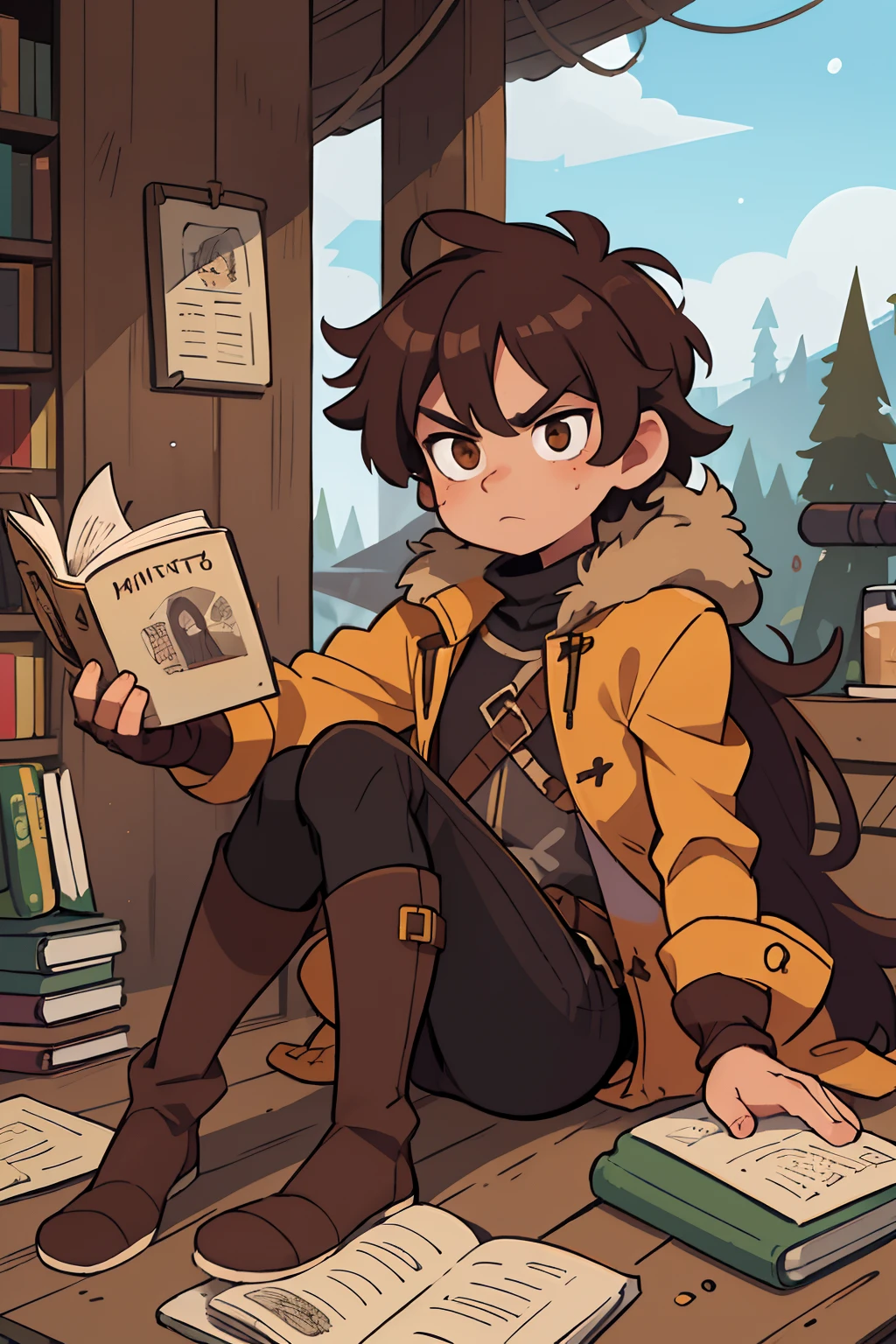 ((beste-Qualit, tmasterpiece)), 
1guy, prince, brown messy hair, brown eye, dirt on the face, yellow winter jacket with fur hood, black pants, high fur boots, A knight's helmet on his head, A book in your hands, A serious look