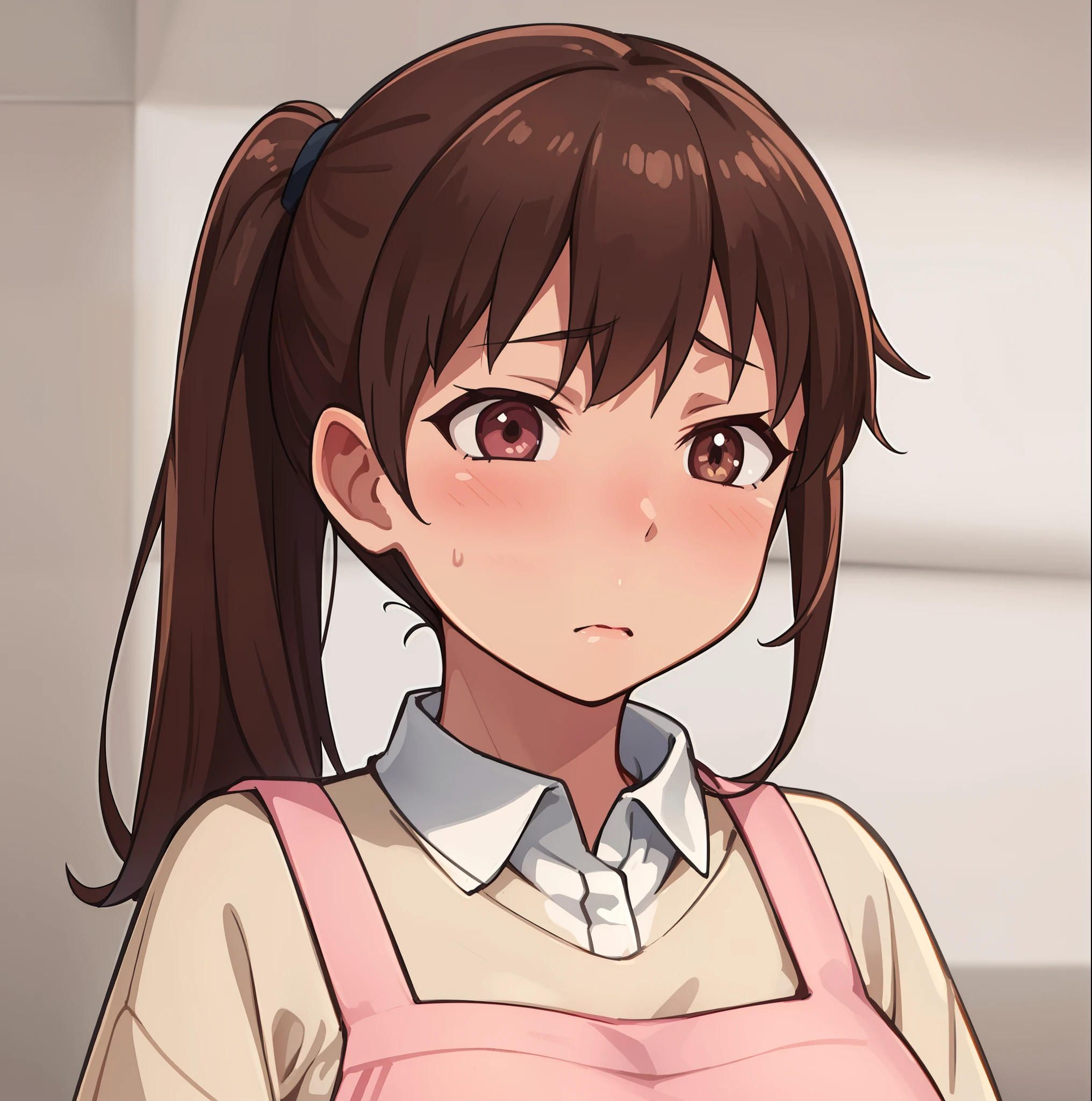 hiquality, tmasterpiece (one girls) elongated face. housewife. beige sweater. pink apron. brown eye. brown-hair. Embarrassed face.