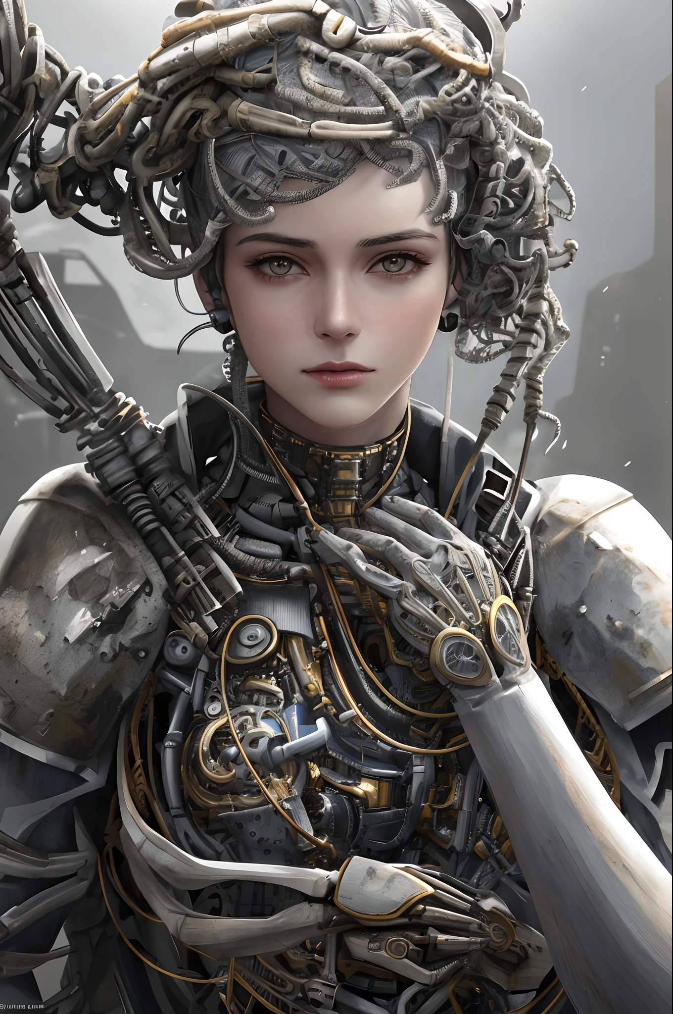 1mechanical girl,((ultra realistic details)), portrait, global illumination, shadows, octane render, 8k, ultra sharp,metal,intricate, ornaments detailed, cold colors, egypician detail, highly intricate details, realistic light, trending on cgsociety, glowing eyes, facing camera, neon details, machanical limbs,blood vessels connected to tubes,mechanical vertebra attaching to back,mechanical cervial attaching to neck,sitting,wires and cables connecting to head
